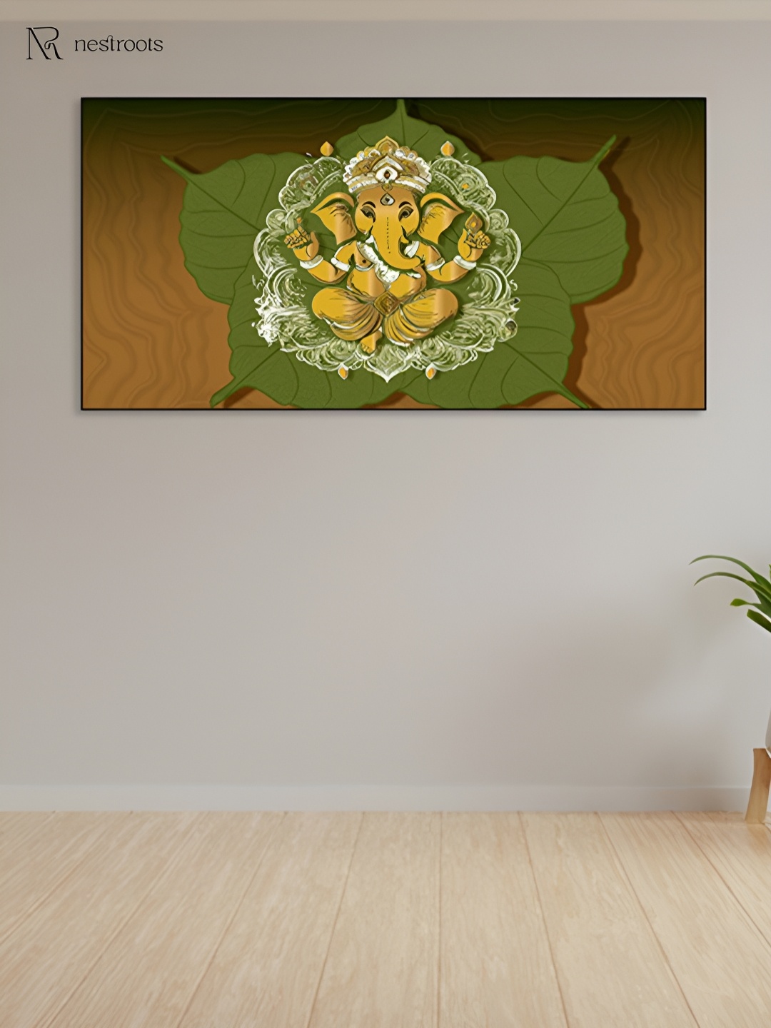 

nestroots Green & Brown Divine Ganesha on Peepal Leaf Canvas Painting Wall Art