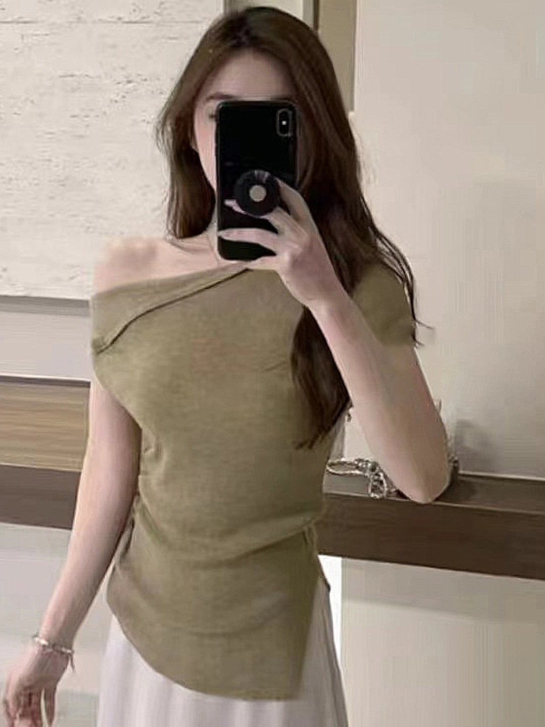 

KPOP Women One Shoulder Short Sleeves Top, Brown