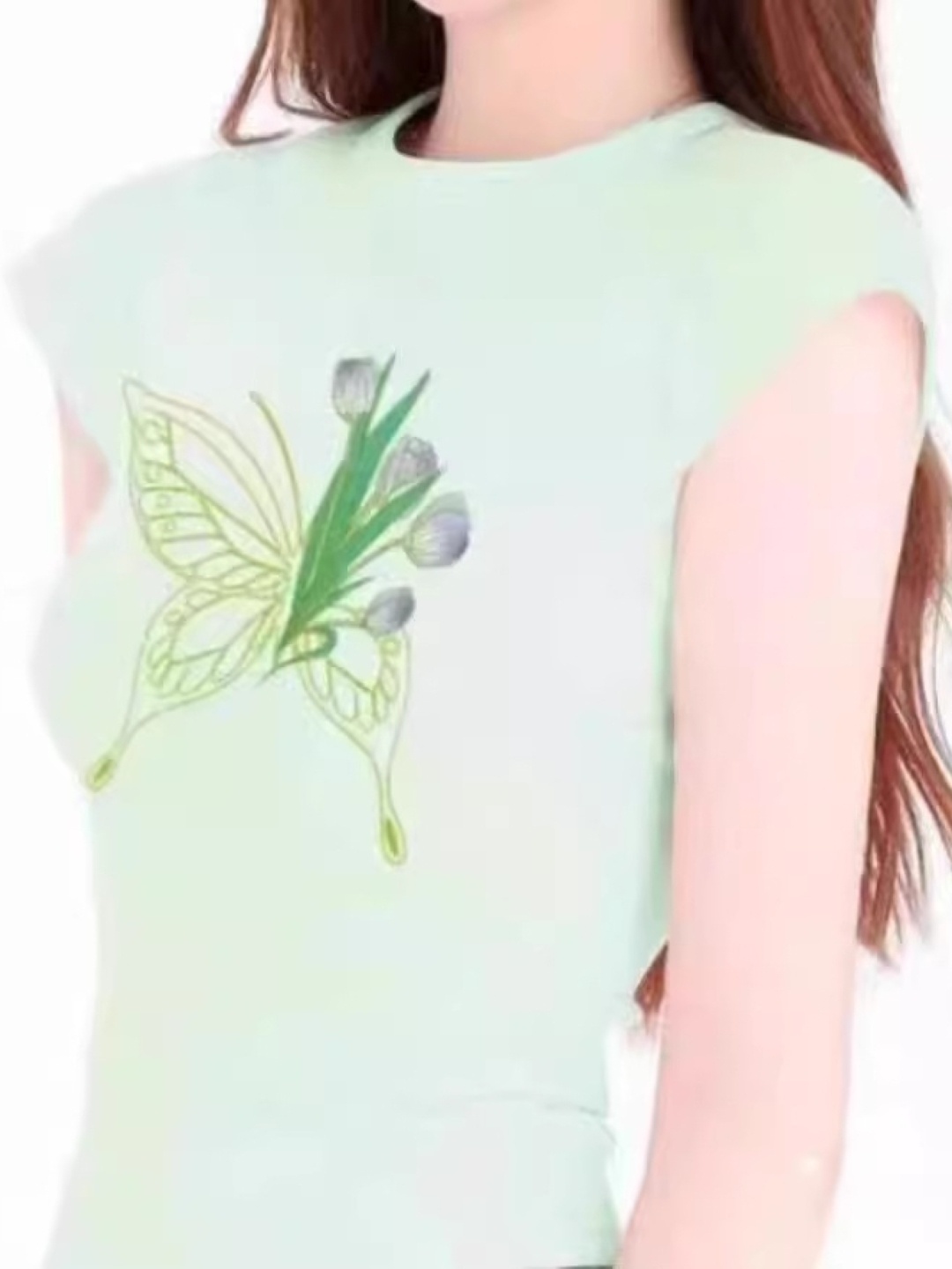

KPOP Women Round Neck Short Sleeves Printed Top, Green