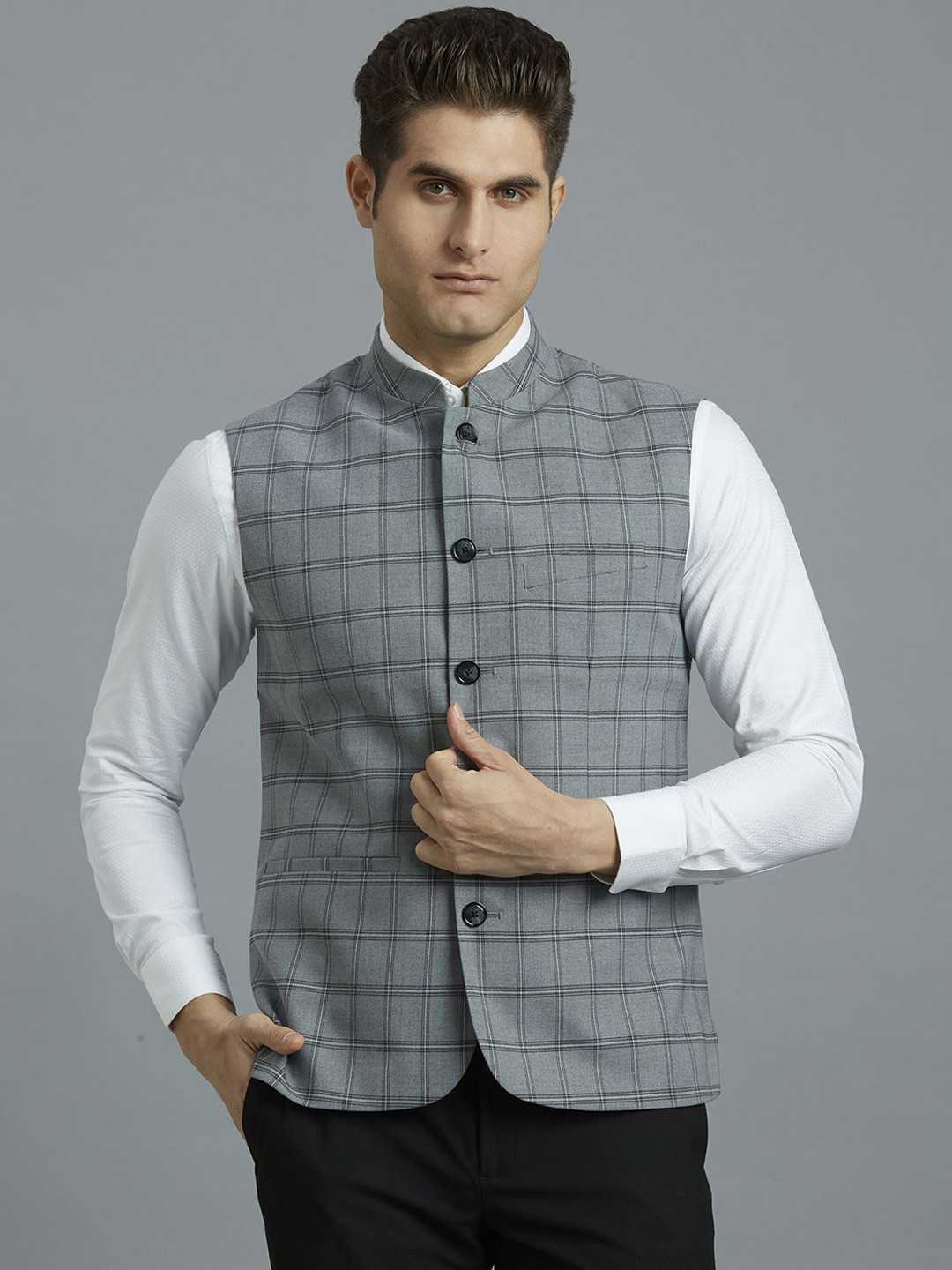 

Reid & Taylor Checked Mandarin Collar Nehru Jackets, Grey