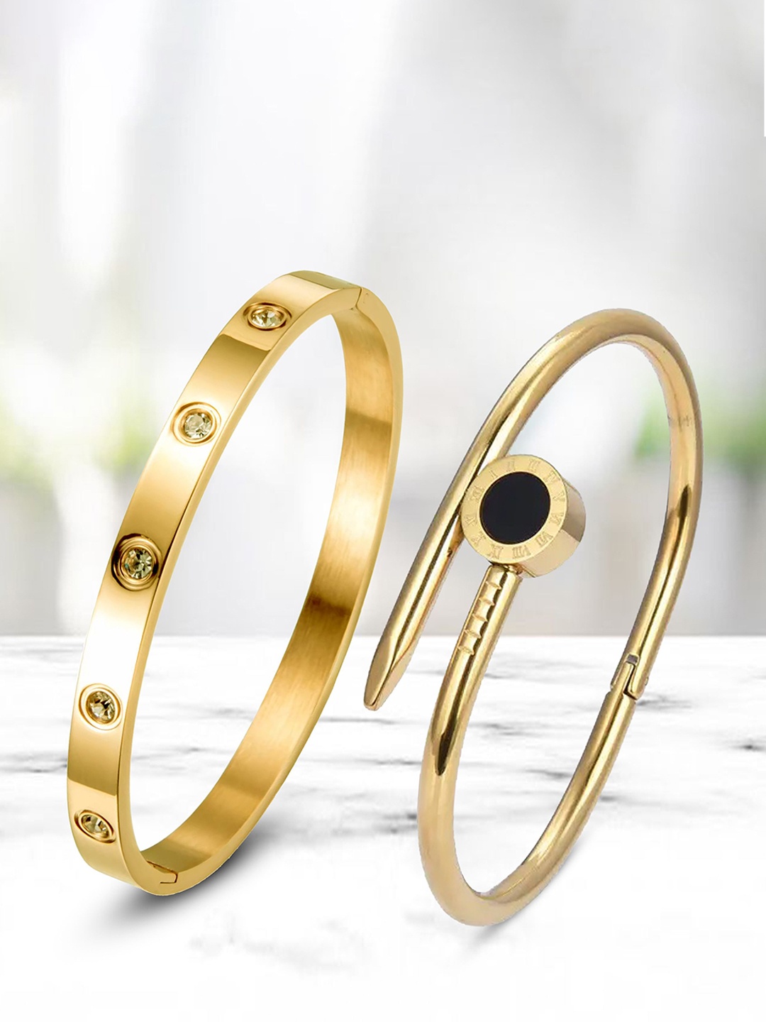 

MEENAZ Set Of 2 Gold-Plated AD Studded Stainless Steel Anti Tarnish Kada Bracelet