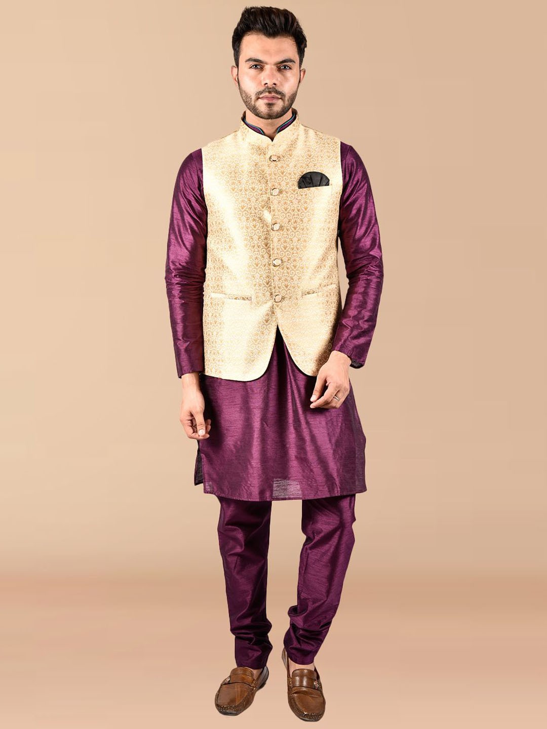 

PRINTINDIA Men Regular Pure Silk Kurta with Trousers, Purple