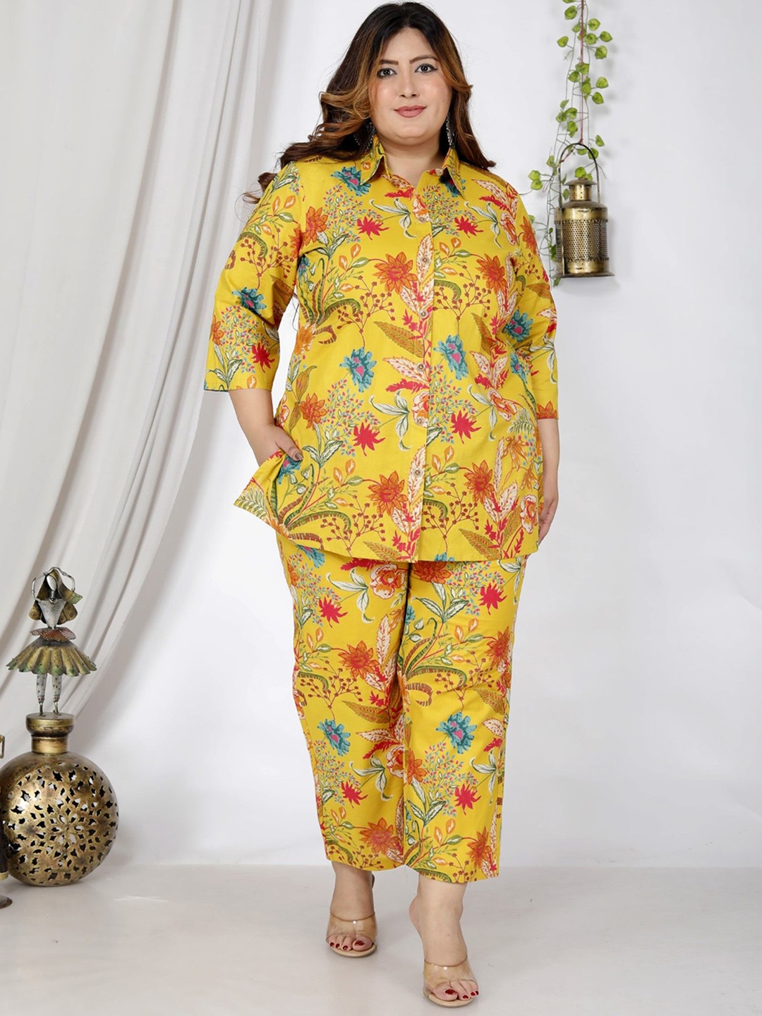 

Swasti Floral Printed Pure Cotton Shirt With Trousers Co-Ords, Yellow