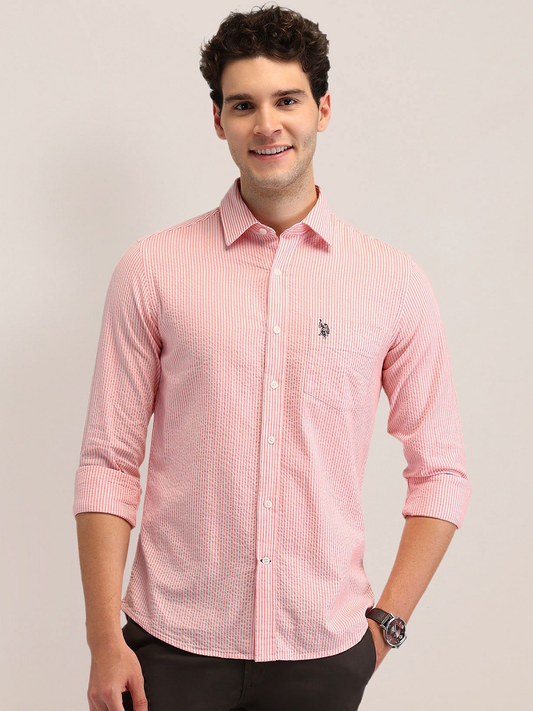

U.S. Polo Assn. Men Tailored Fit Opaque Striped Formal Shirt, Pink