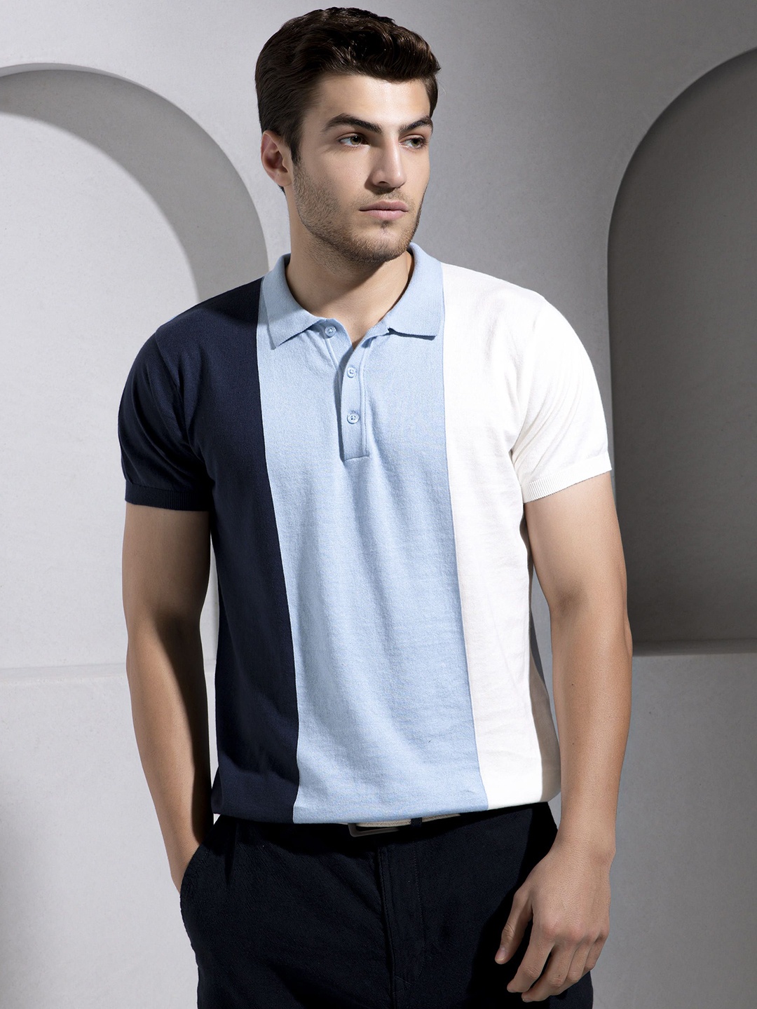 

The Tie Hub Men Cotton Colourblocked Striped Polo T-shirt, Navy blue