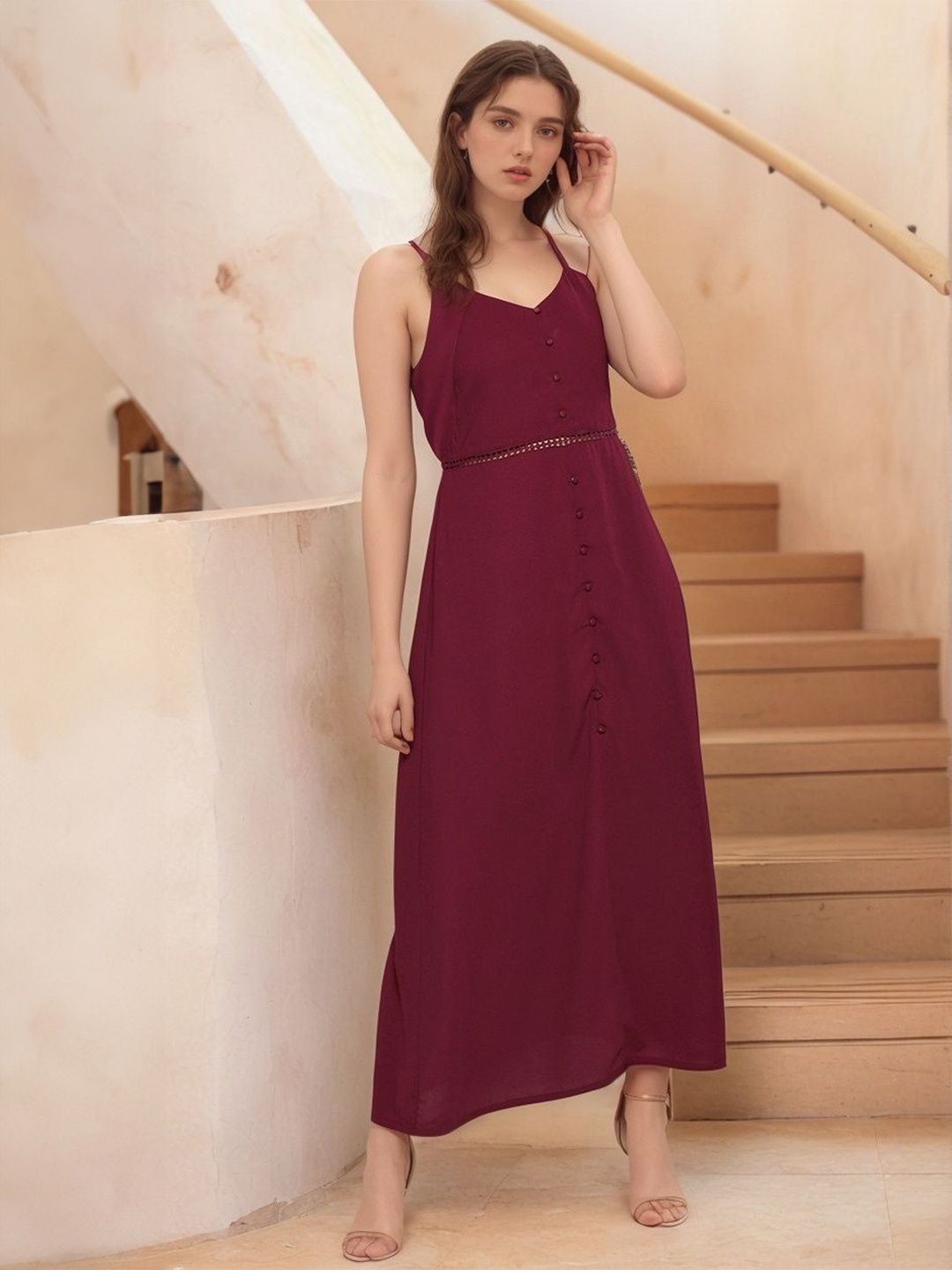 

RARE Women Shoulder Straps Crepe A - Line Dress, Maroon