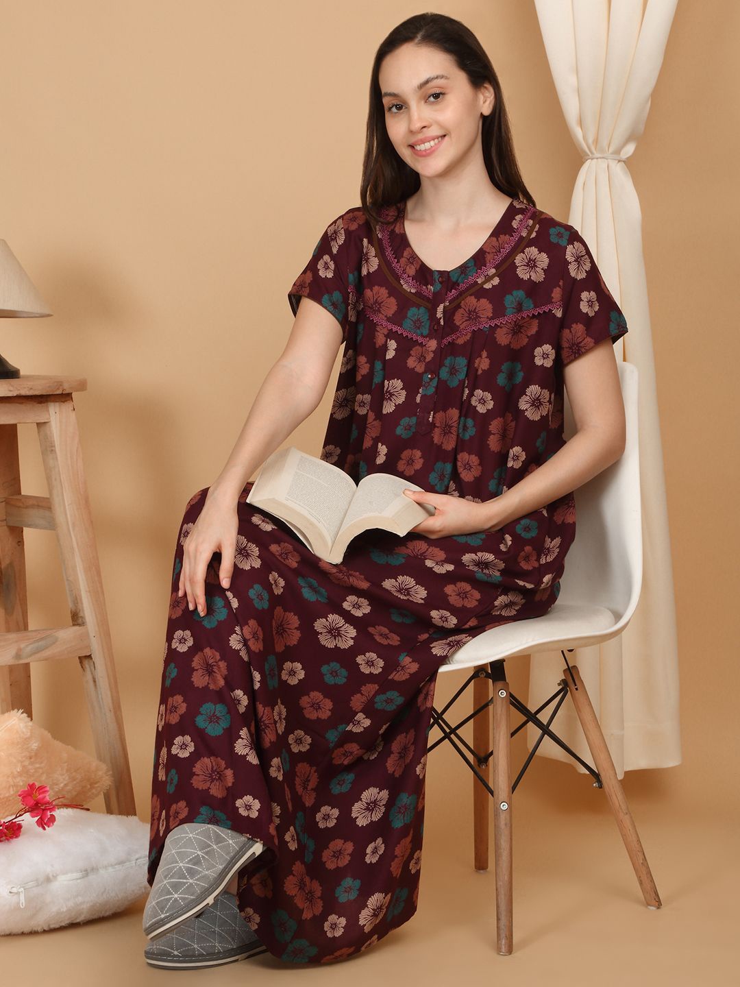 

SAANJ Printed Maxi Nightdress, Maroon