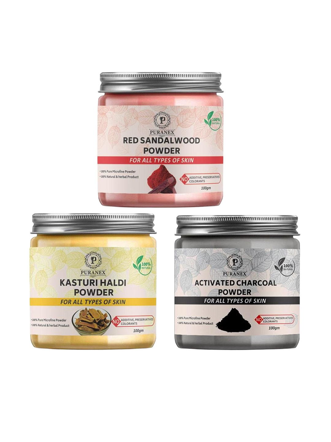 

Puranex Set Of 3 Red Sandalwood, Activated Charcoal & Kasturi Haldi Powder, White