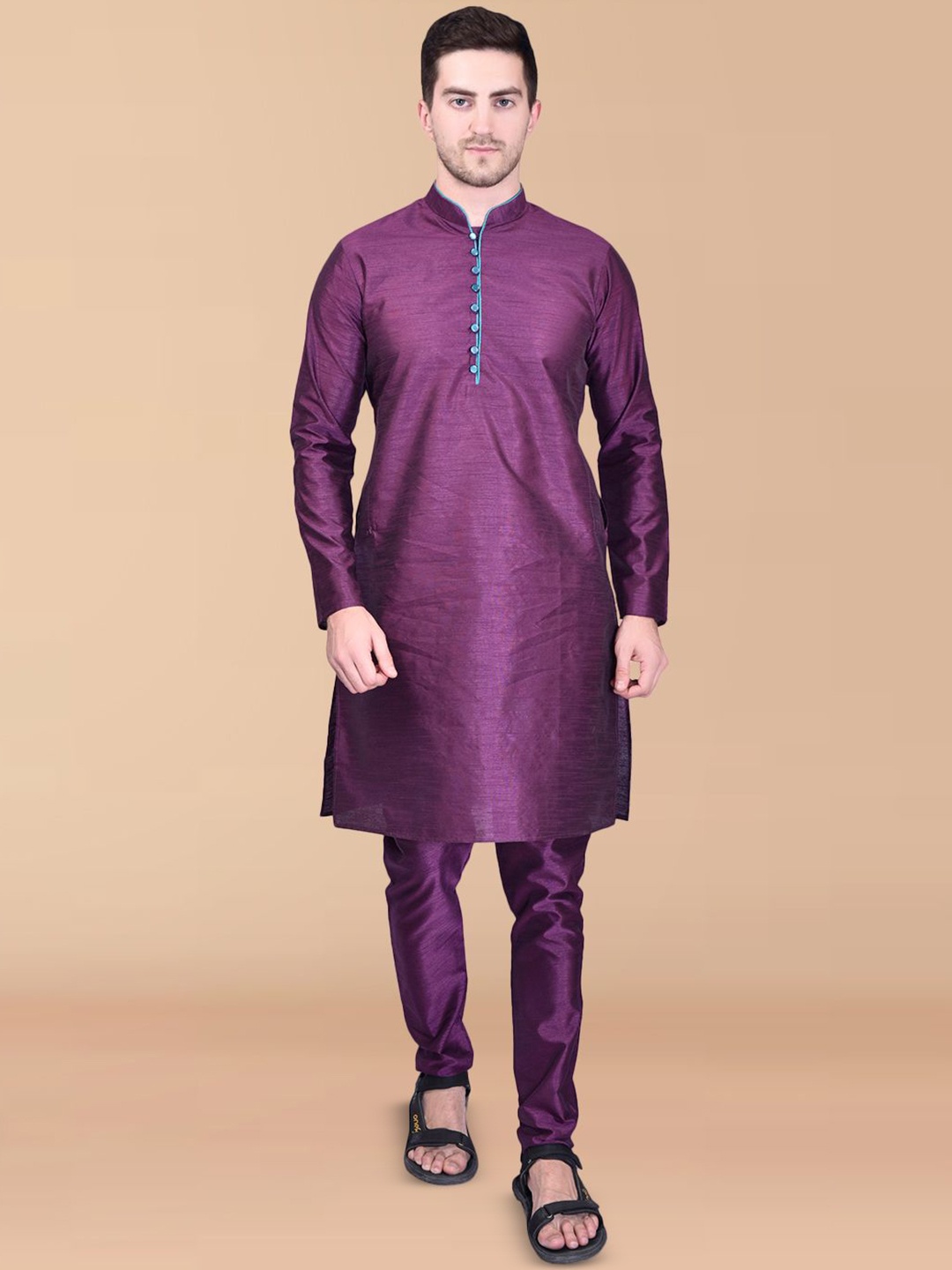 

PRINTINDIA Men Regular Pure Silk Kurta with Churidar, Purple