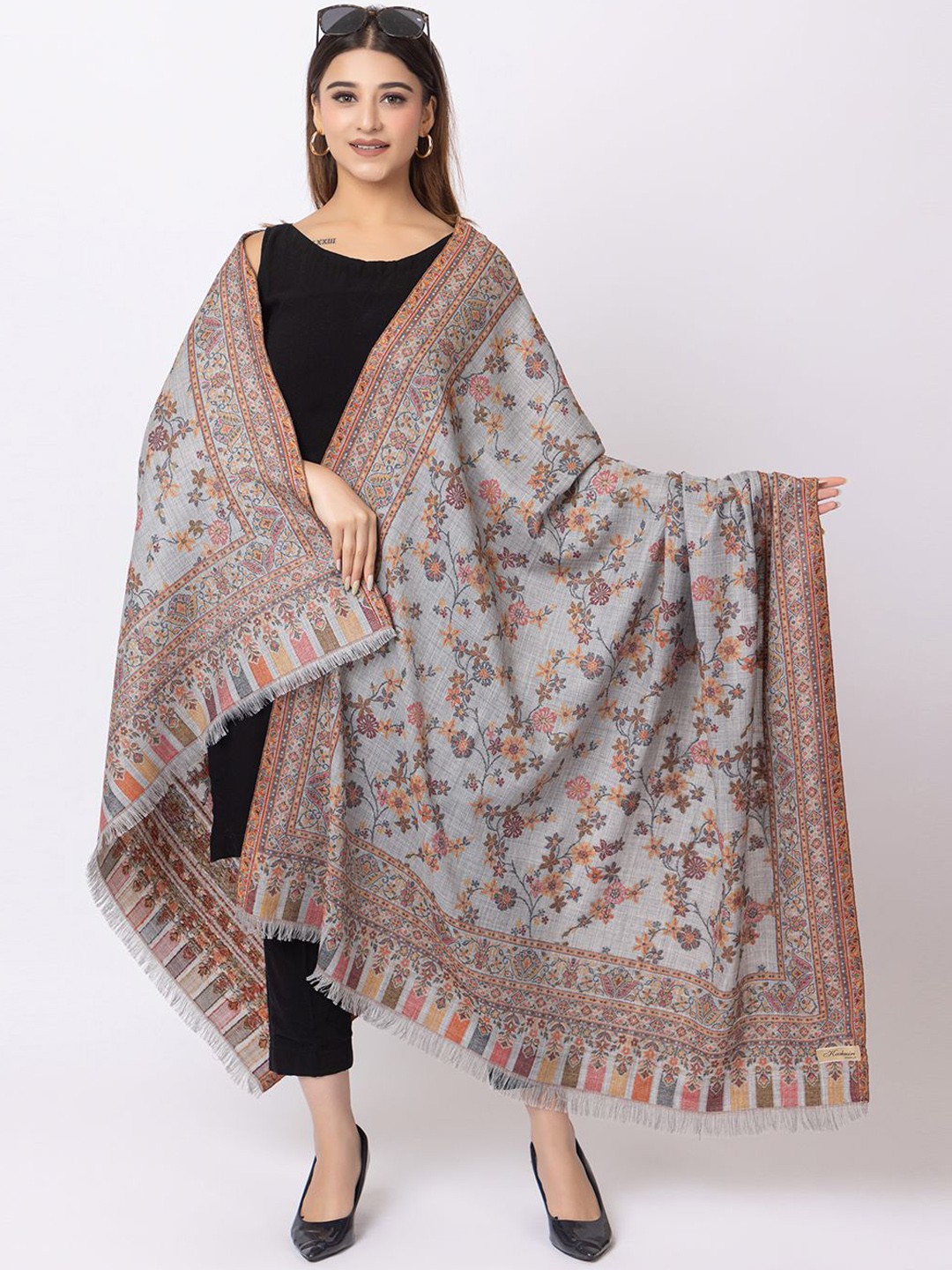 

PASHGIRI Women Floral Woven Design Shawl, Grey