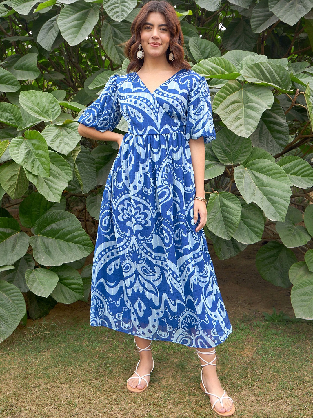

RARE Women Ethnic Motifs Printed Chiffon Wrap Dress, Blue