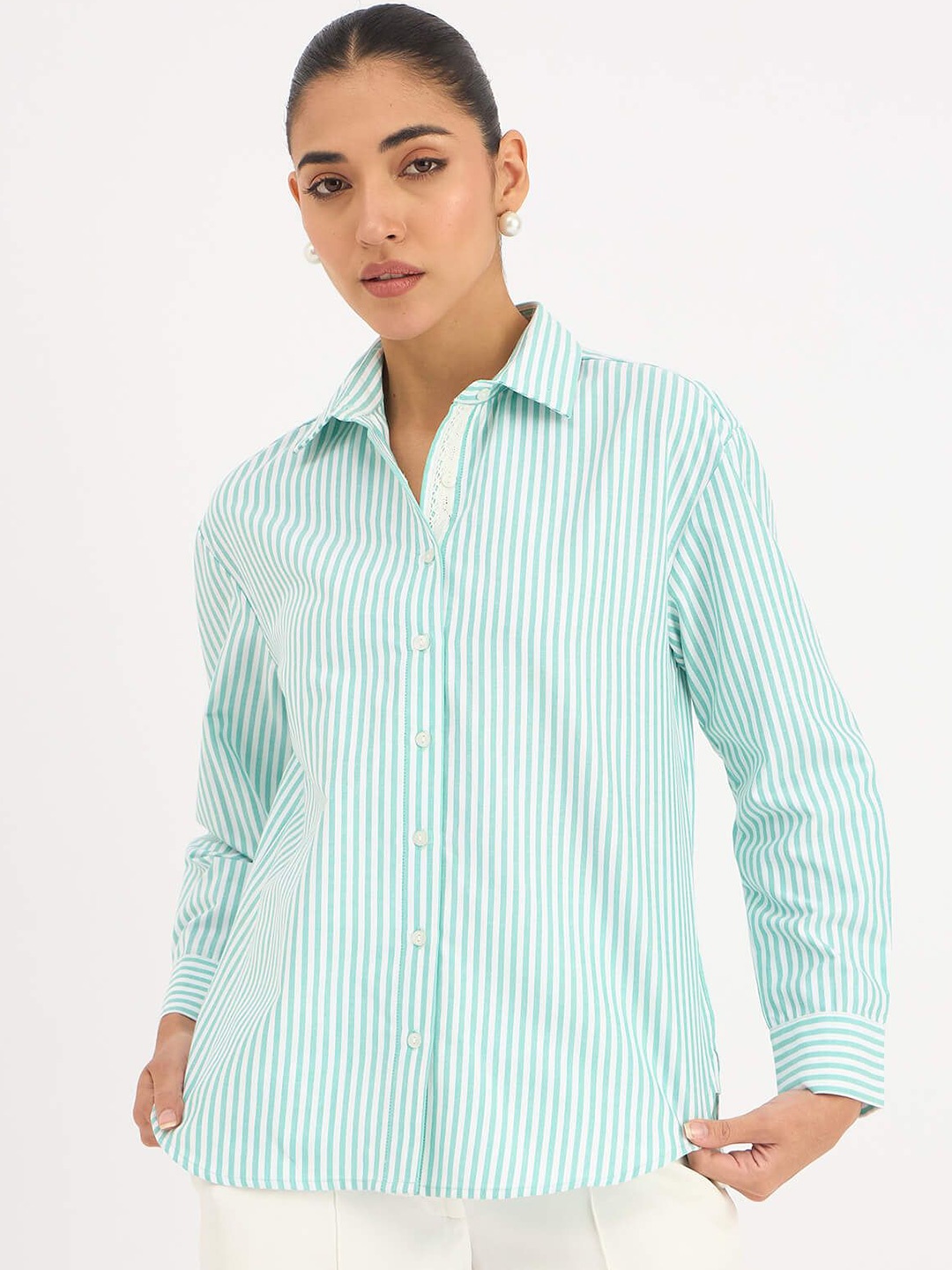 

SALT ATTIRE Women Opaque Vertical Striped Cotton Party Shirt, Green