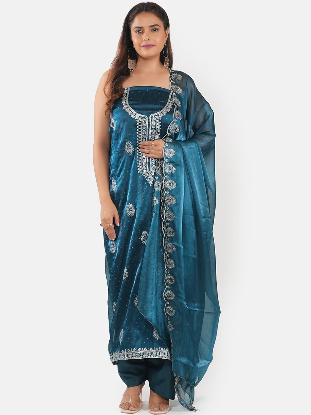 

MOZAFIA Premium Floral Embroidered Zari Unstitched Dress Material, Teal