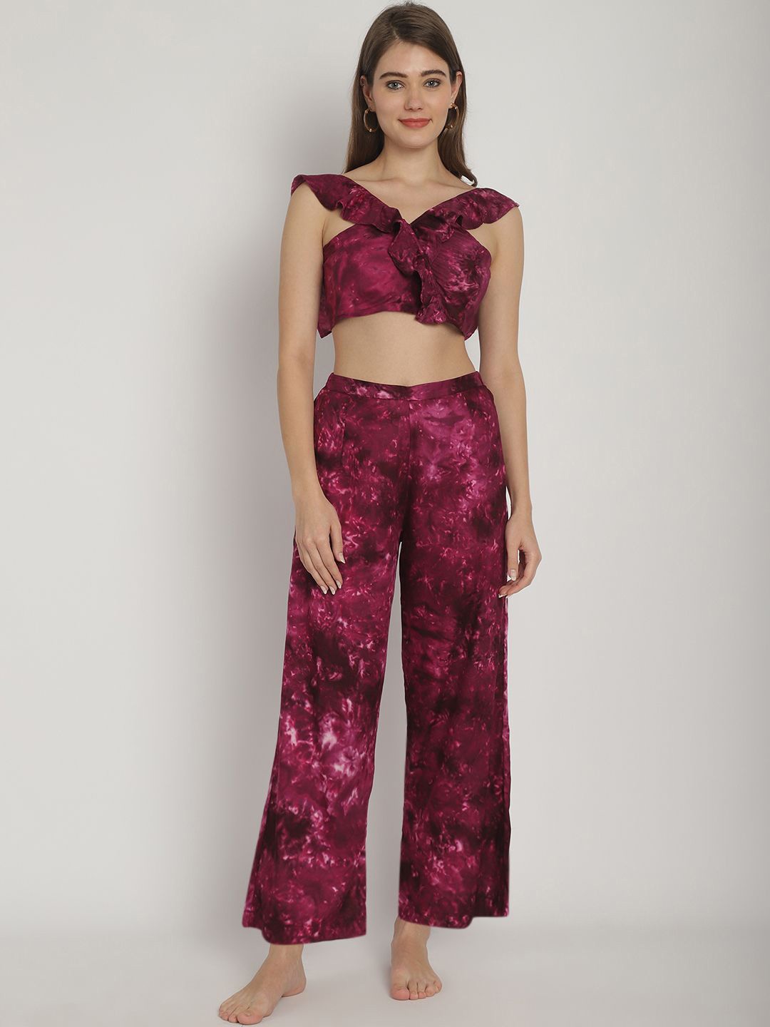 

Blissence Printed Frill Top & Trousers Swimwear Cover up Set, Purple