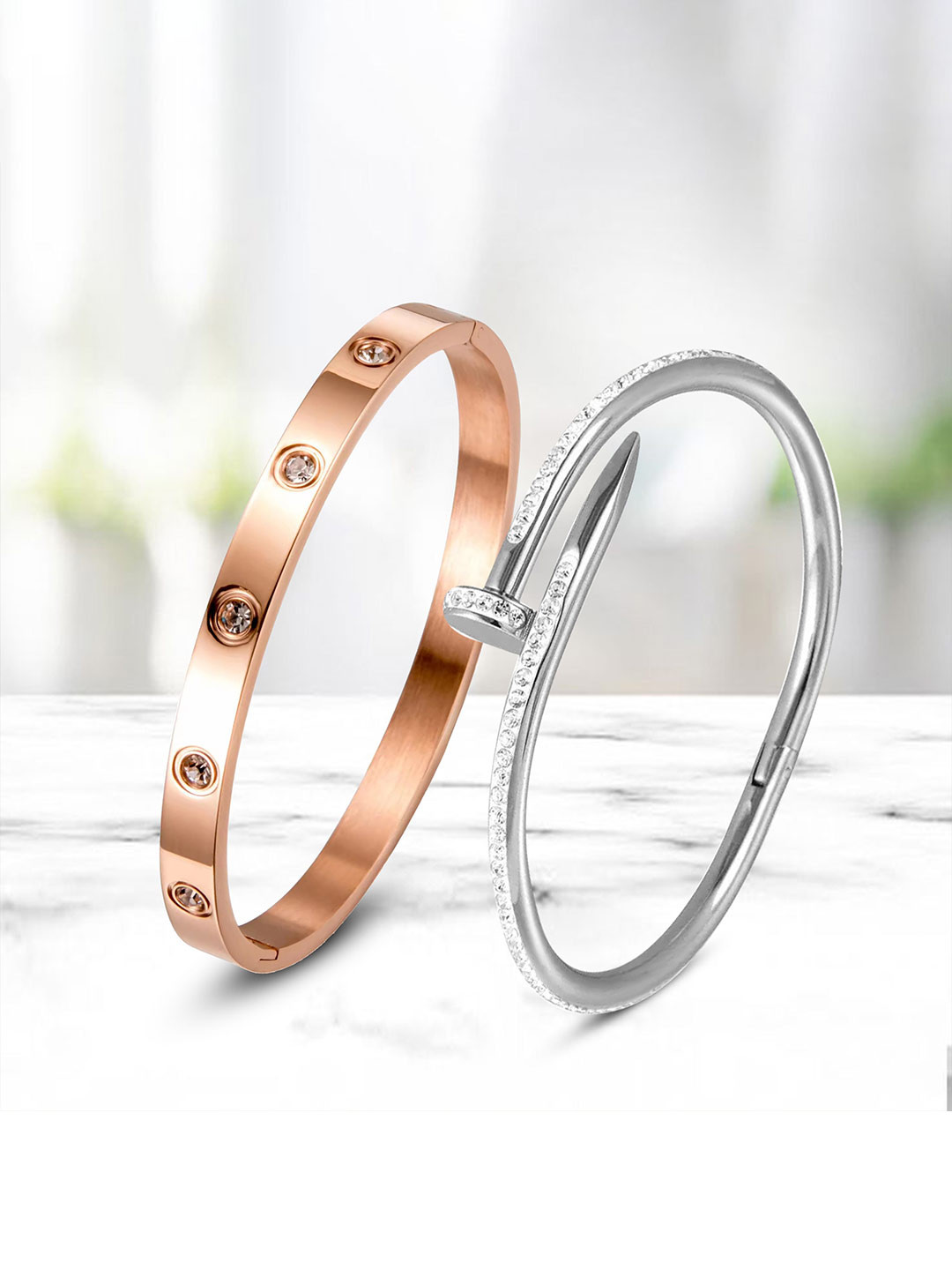 

MEENAZ Women 2 American Diamond Antique Kada Bracelet, Silver