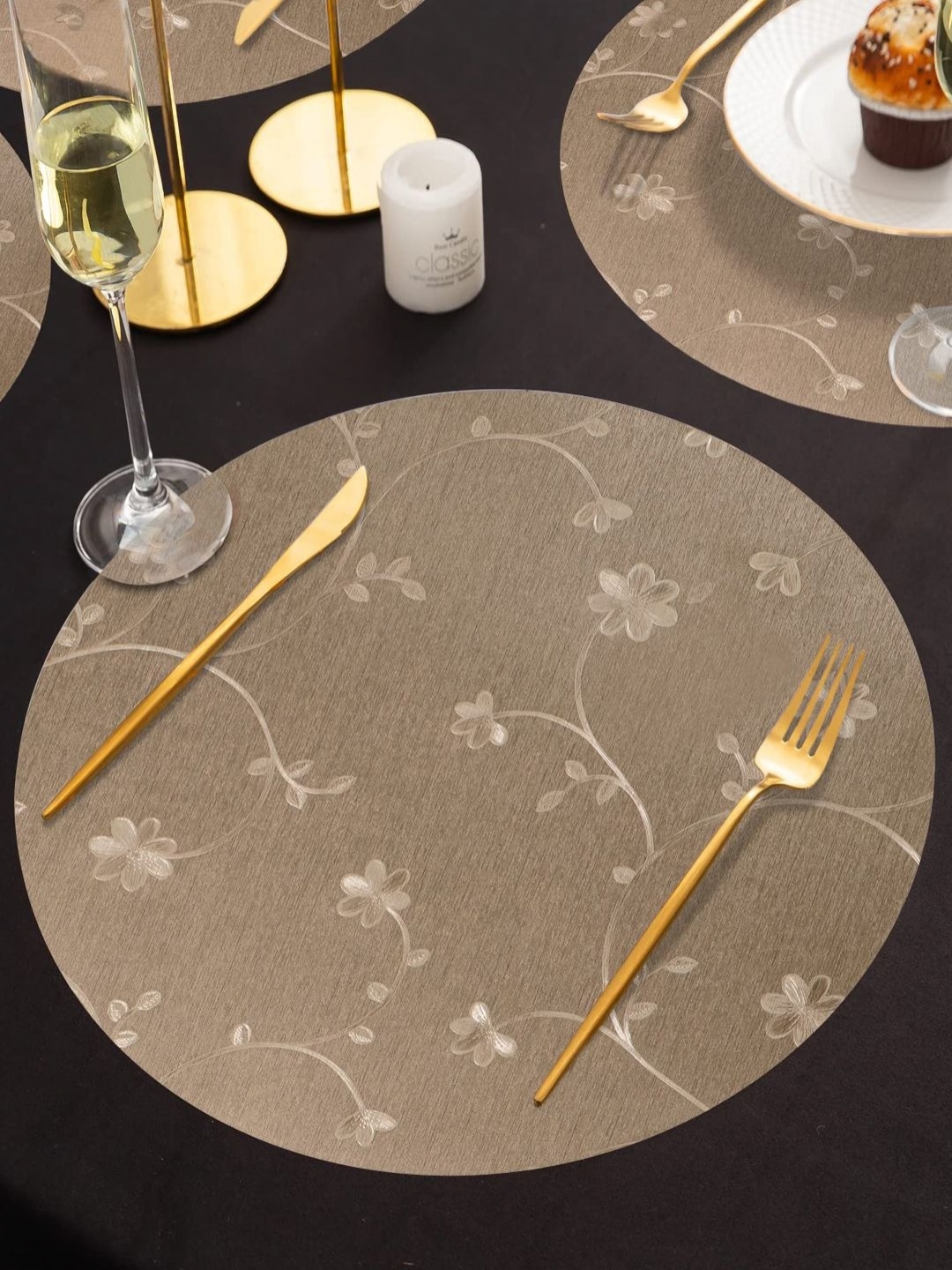 

HOKIPO Bronze & Gold Toned 6 Pieces Floral Printed Round Table Placemats