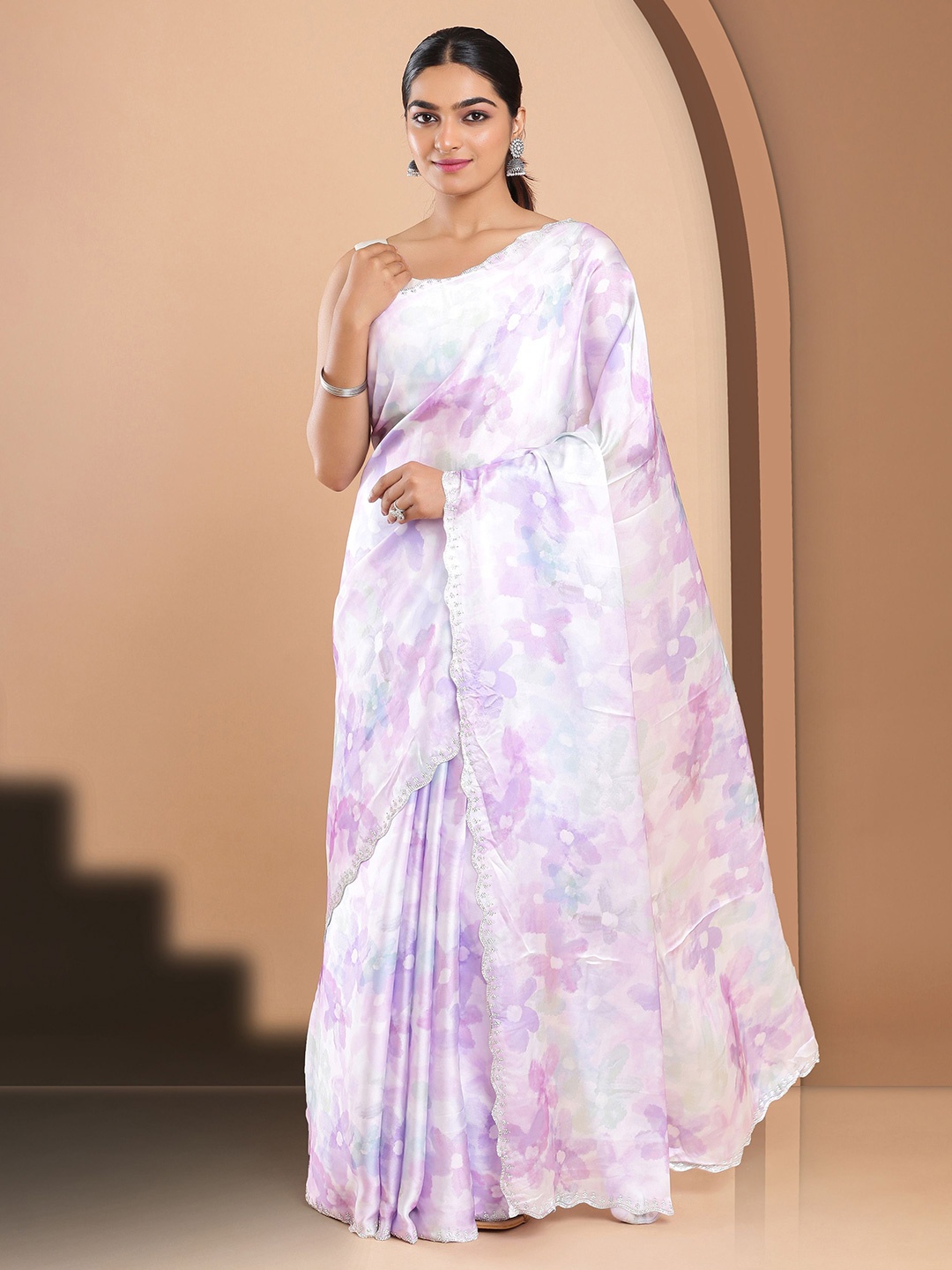 

Kalyan Silks Beads and Stones Satin Jamdani Saree, Lavender