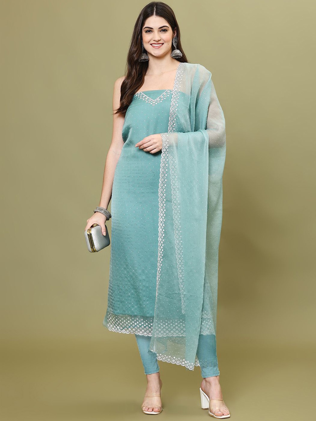 

Meena Bazaar Embellished Art Silk Unstitched Dress Material, Sea green