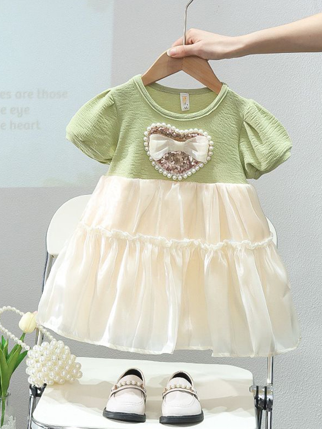 

YK Girls Self Design Bow Detail A-Line Dress, Green