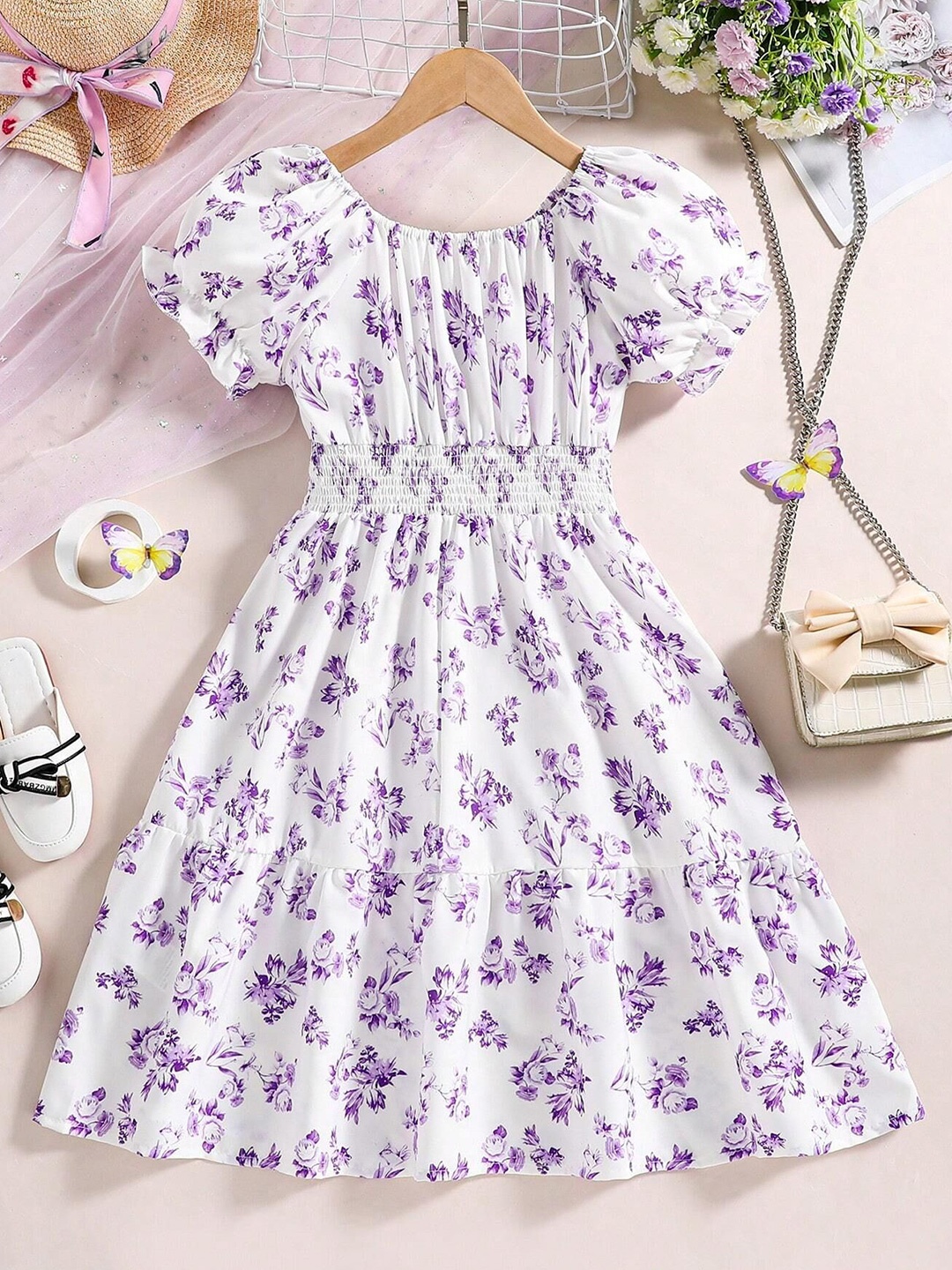 

Arshia Fashions Floral Print Flared Sleeve Fit & Flare Dress, Purple