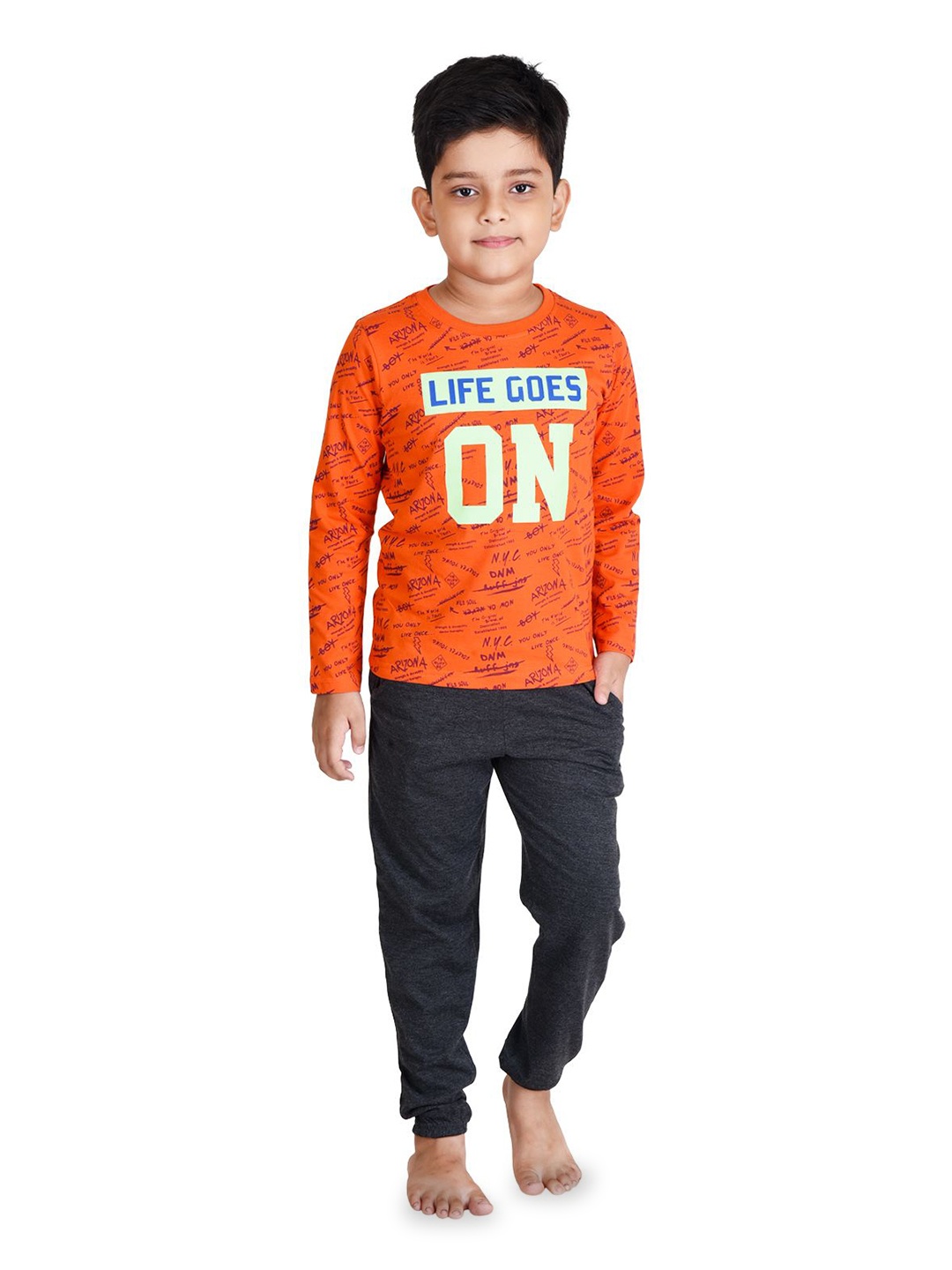 

Clothe Funn Boys Printed T-shirt with Pyjamas, Orange