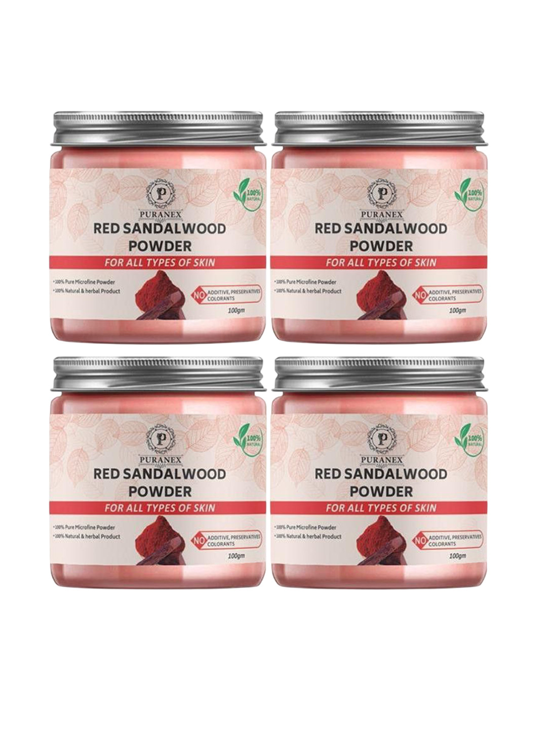 

Puranex Set Of 4 100% Natural & Pure Red Sandal Wood Powder - 100 gm Each, White