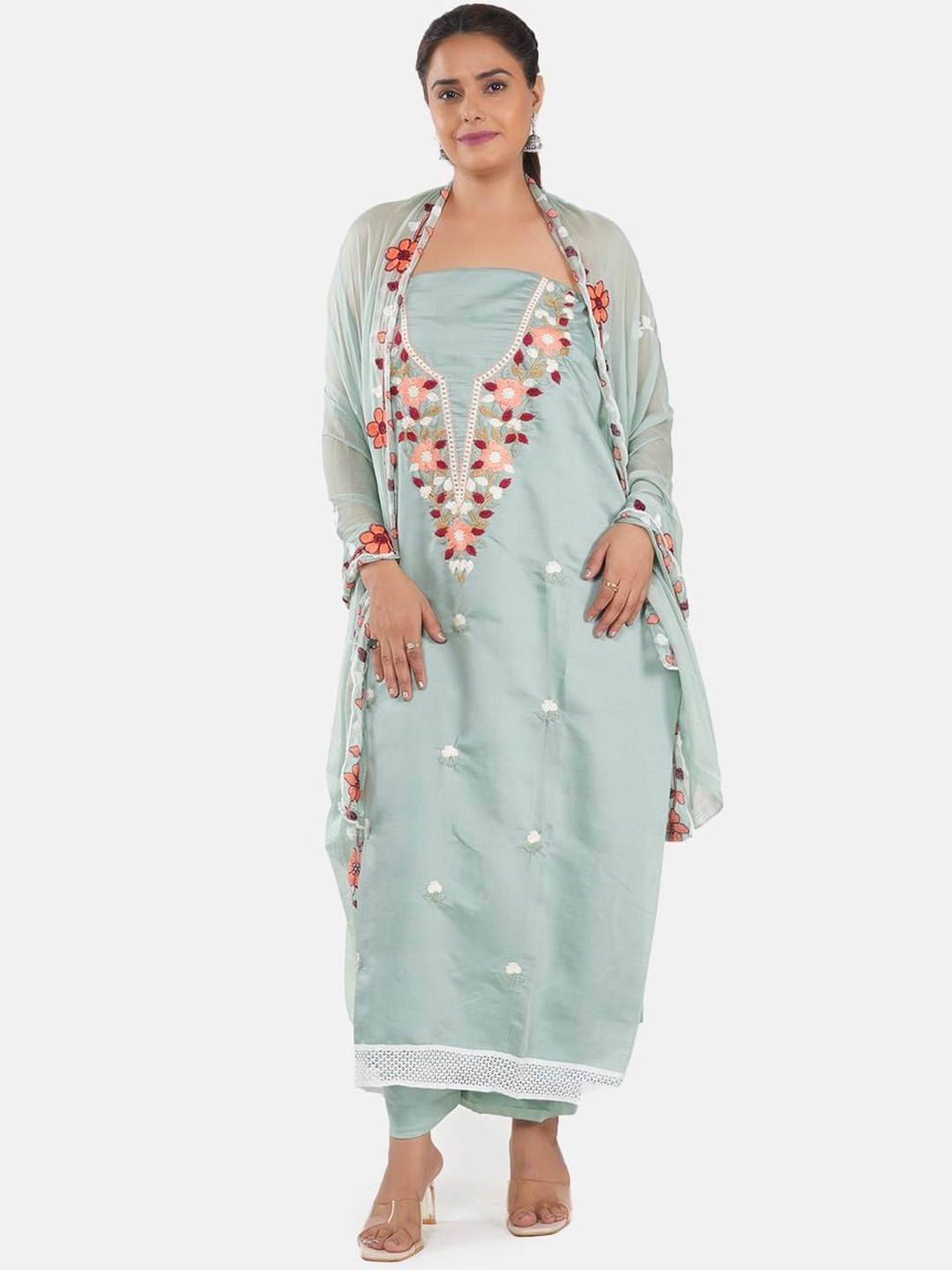

MOZAFIA Floral Embroidered Zari Unstitched Dress Material, Green