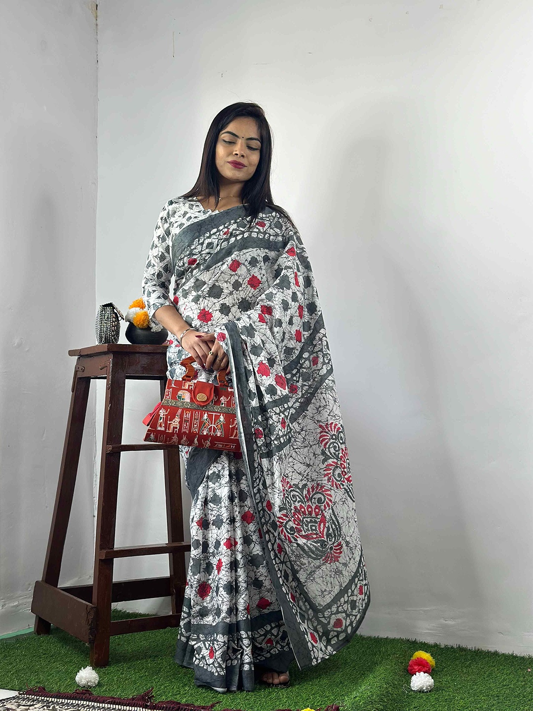 

HERE&NOW Pure Cotton Bagru Saree, White