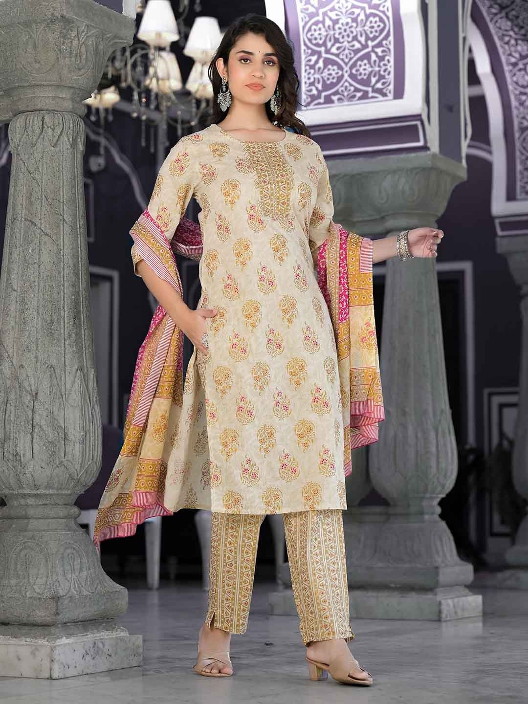 

DE CAMA Ethnic Motifs Printed Mirror Work Pure Cotton Kurta With Trousers & Dupatta, Beige