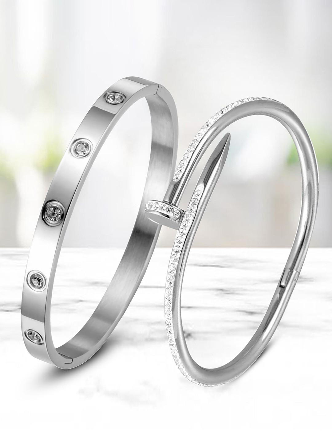 

DIVASTRI Set Of 2 Stainless Steel American Diamond Studded Bangle-Style Bracelets, Silver