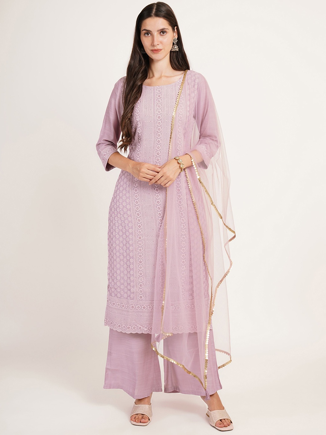 

Shopping Queen Floral Embroidered Straight Kurta with Palazzos & Dupatta, Purple