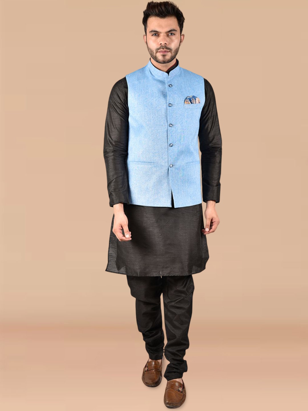 

PRINTINDIA Men Regular Pure Silk Kurta with Trousers, Black