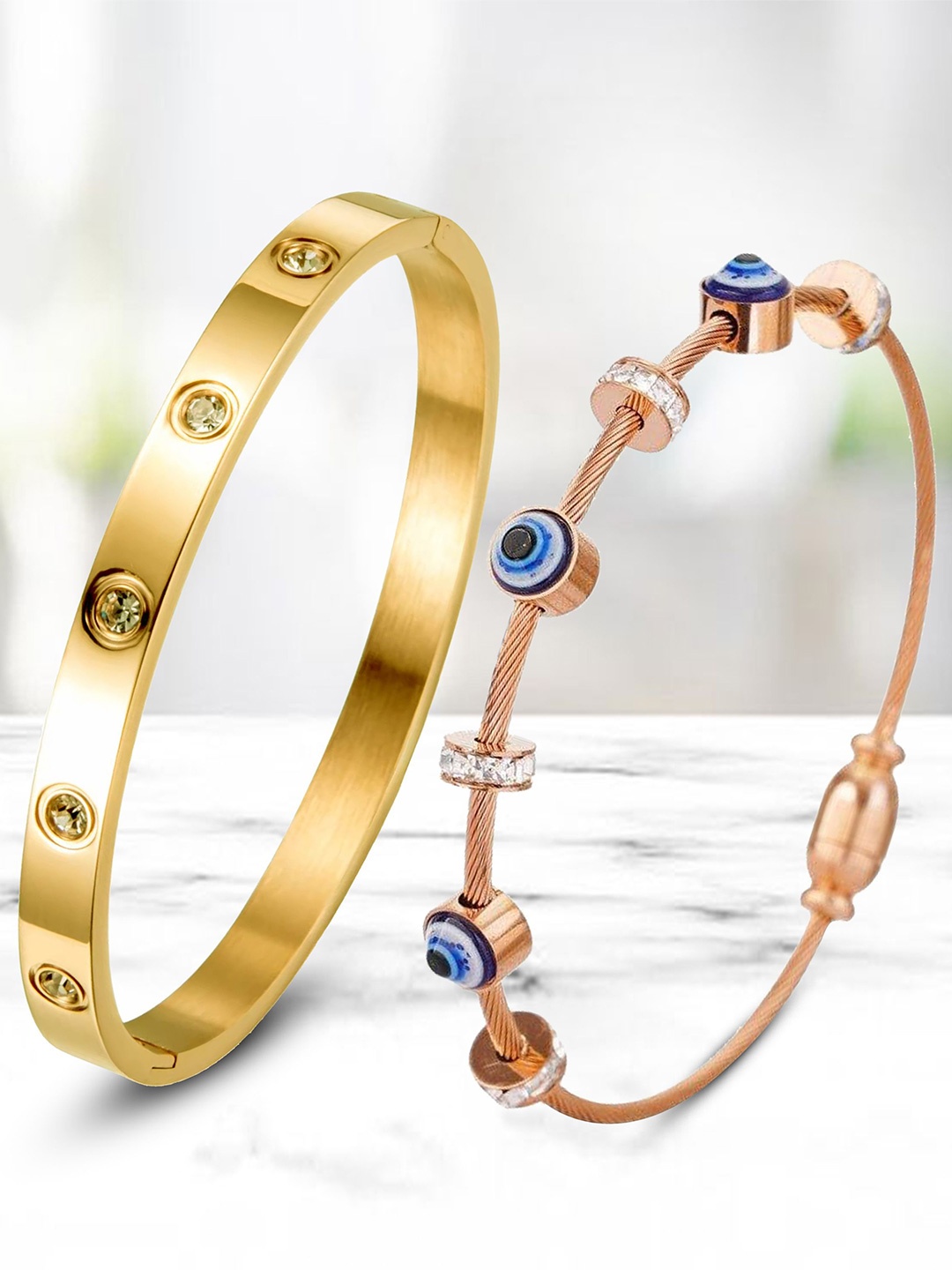 

MEENAZ Set Of 2 Gold-Plated AD Studded Stainless Steel Anti Tarnish Kada Bracelet