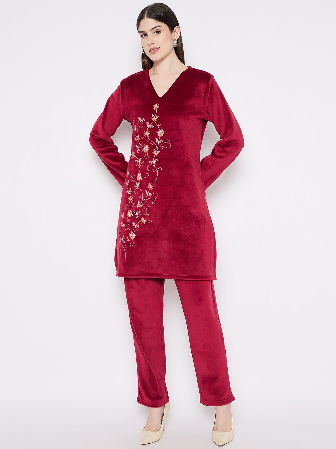 

Camey Embroidered Velvet Top With Trousers Co-Ords, Red