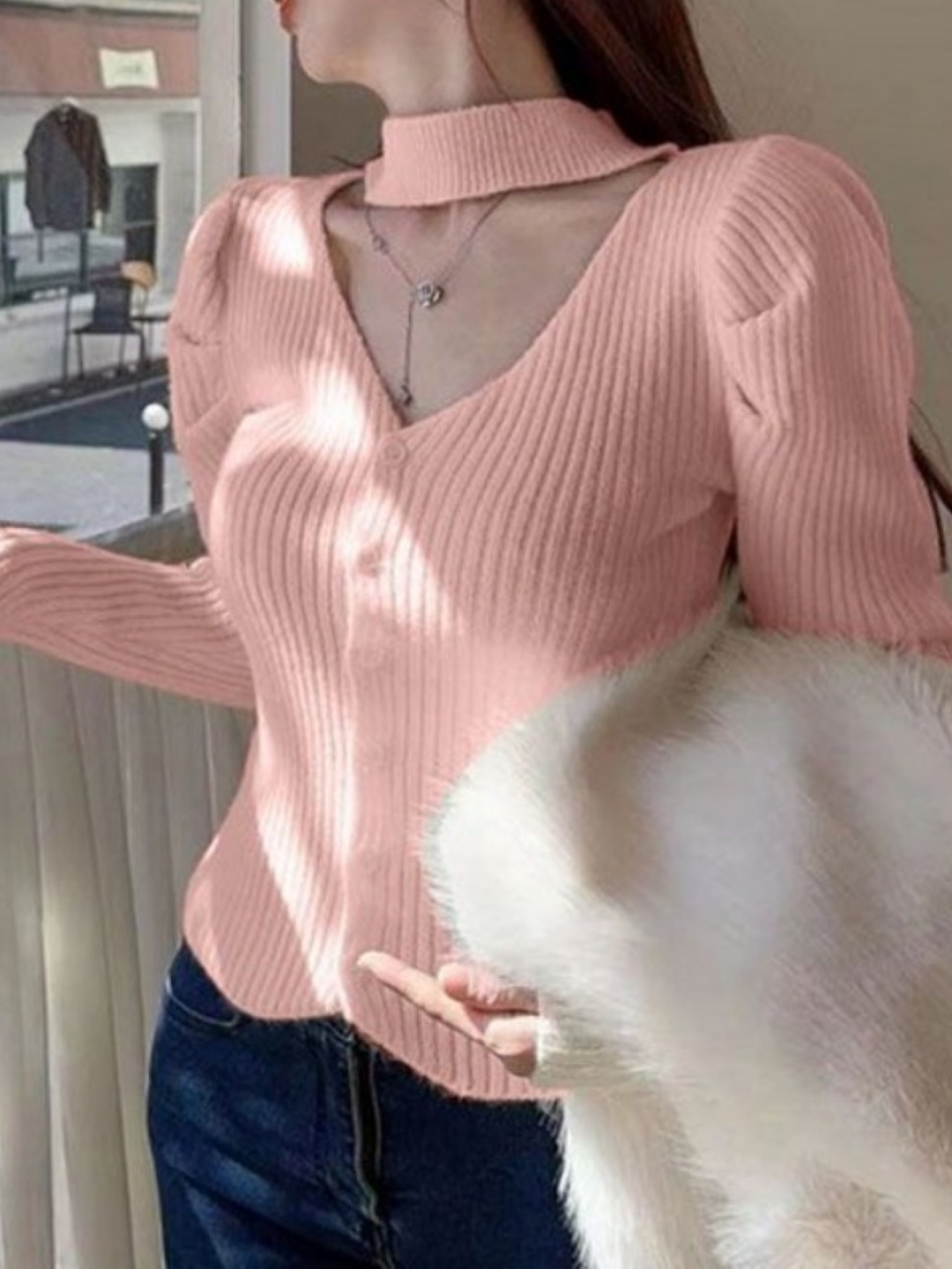 

HERE&NOW Women Round Neck Extended Sleeves Top, Pink