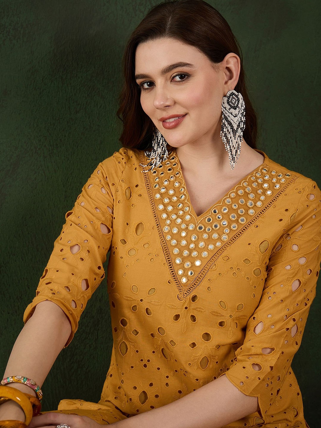 

Sangria Embroidered Pure Cotton Kurta & Trousers, Mustard