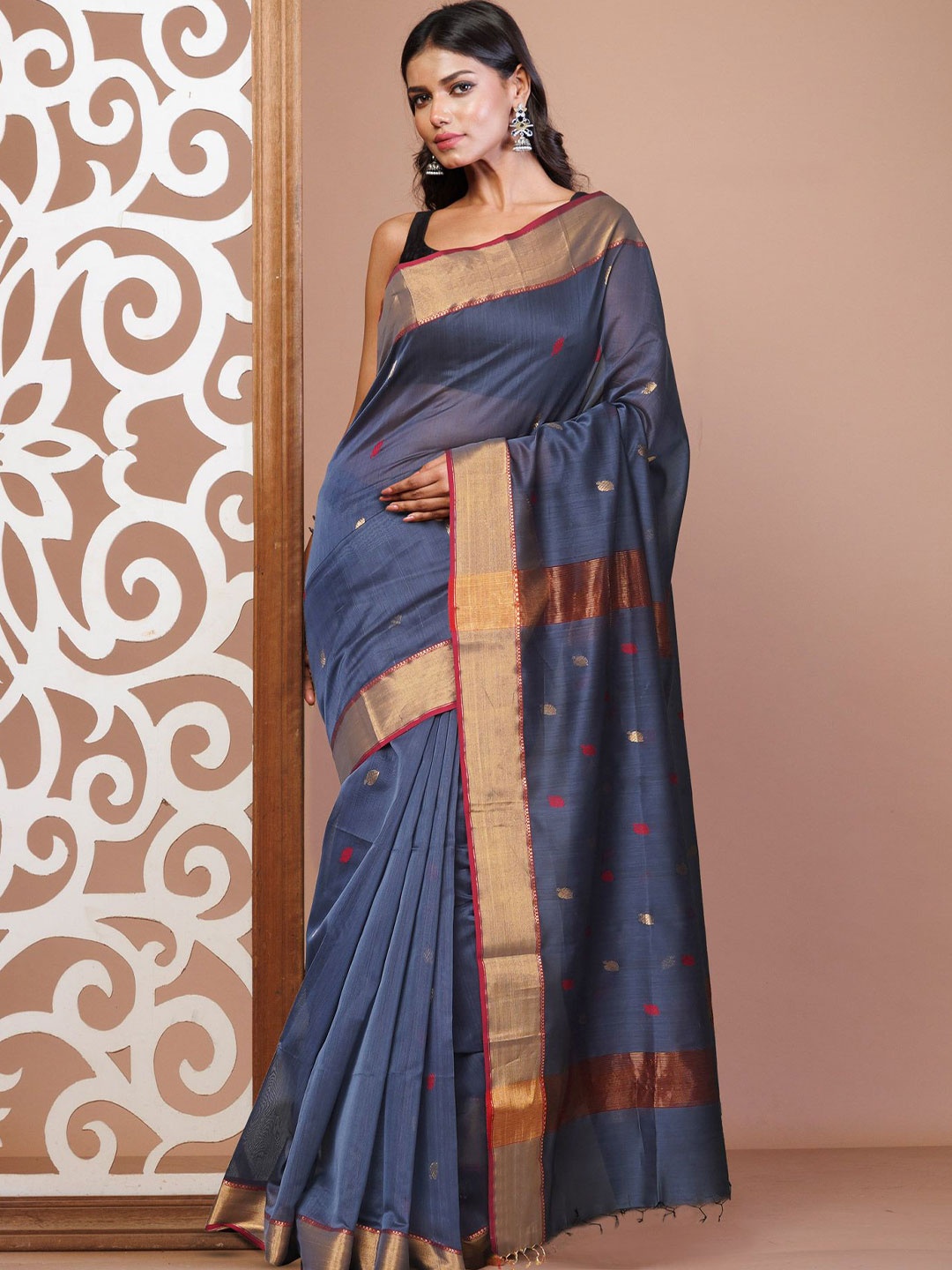 

Unnati Silks Woven Design Zari Maheshwari Saree, Grey