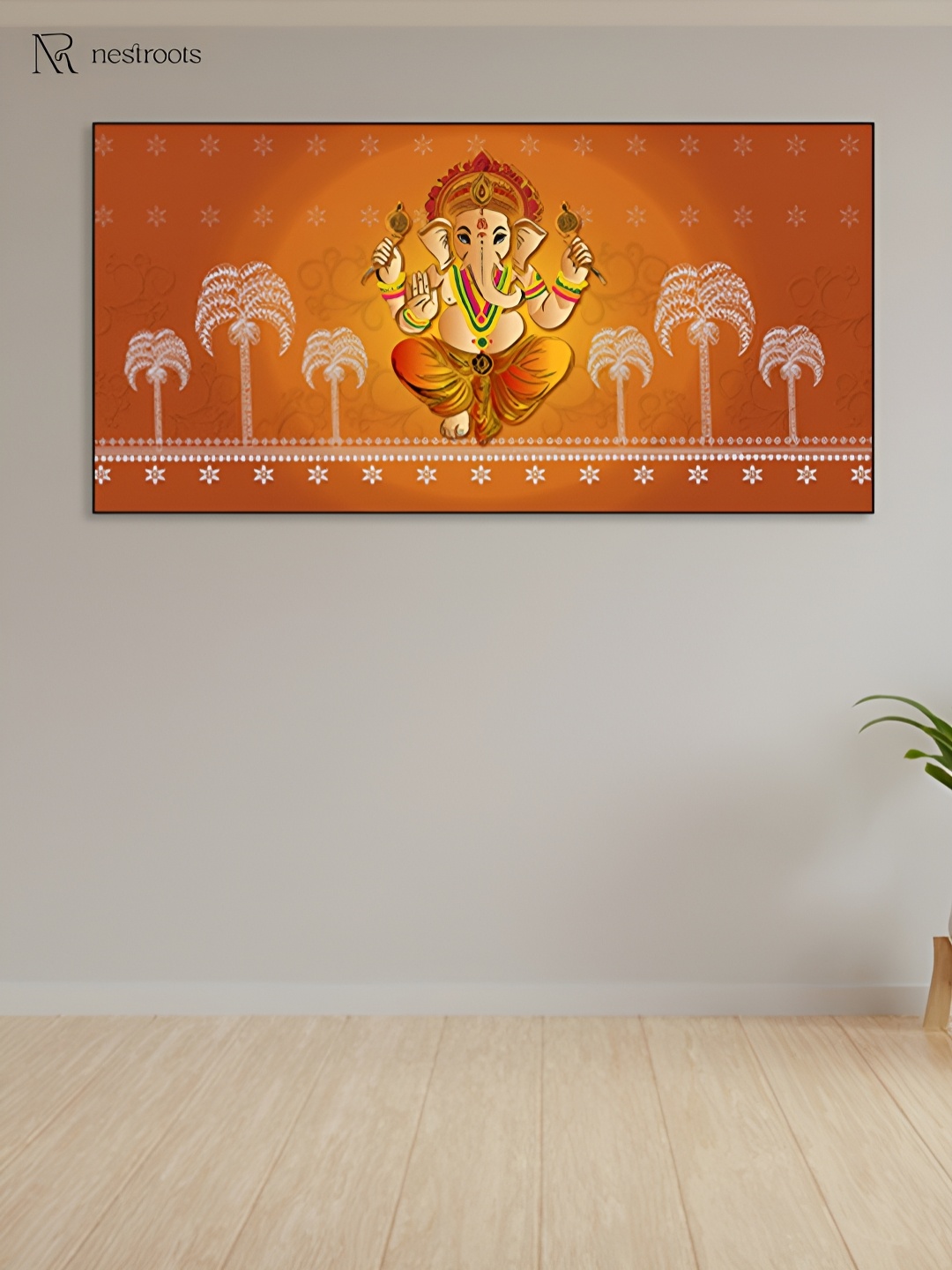 

nestroots Orange & White Ganesha Canvas Religious Wall Painting