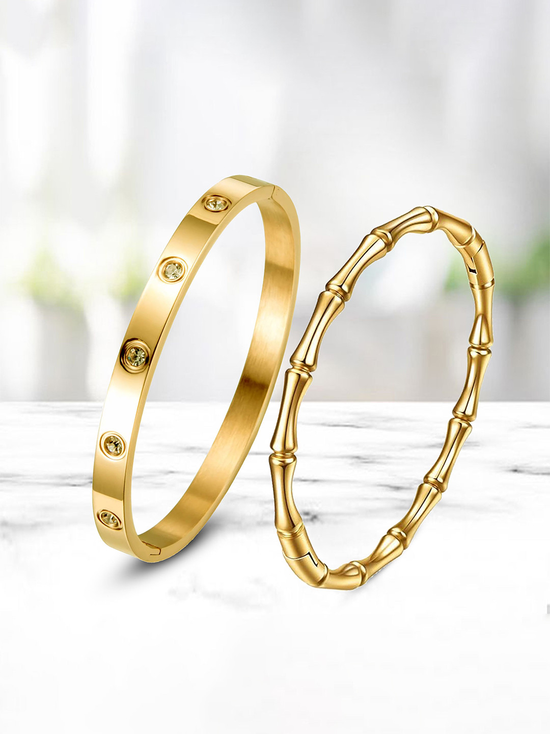 

MEENAZ Set Of 2 Gold-Plated AD Studded Stainless Steel Anti Tarnish Kada Bracelet