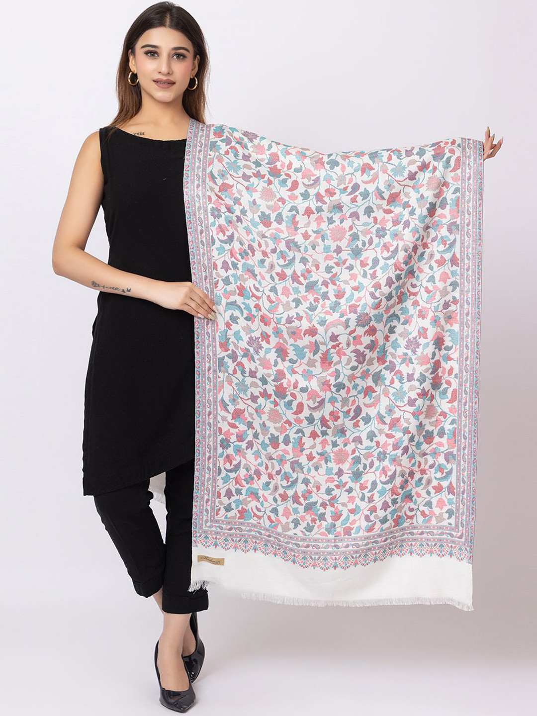 

PASHGIRI Women Floral Embroidered Shawl, White