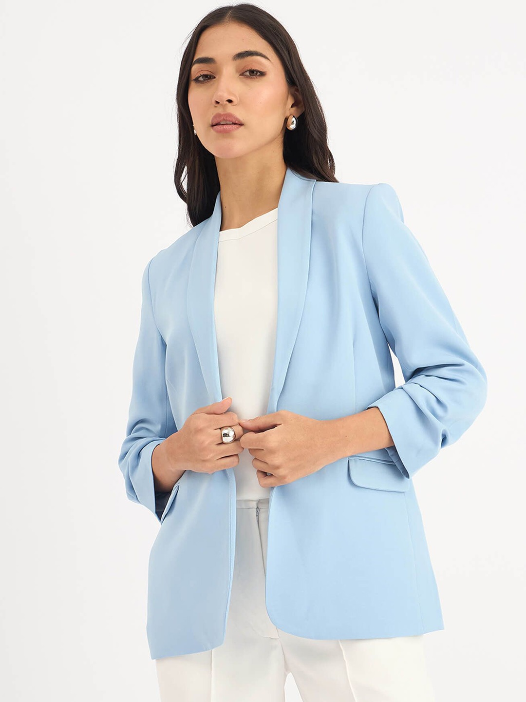 

SALT ATTIRE Shawl Collar Open Front Blazer, Blue