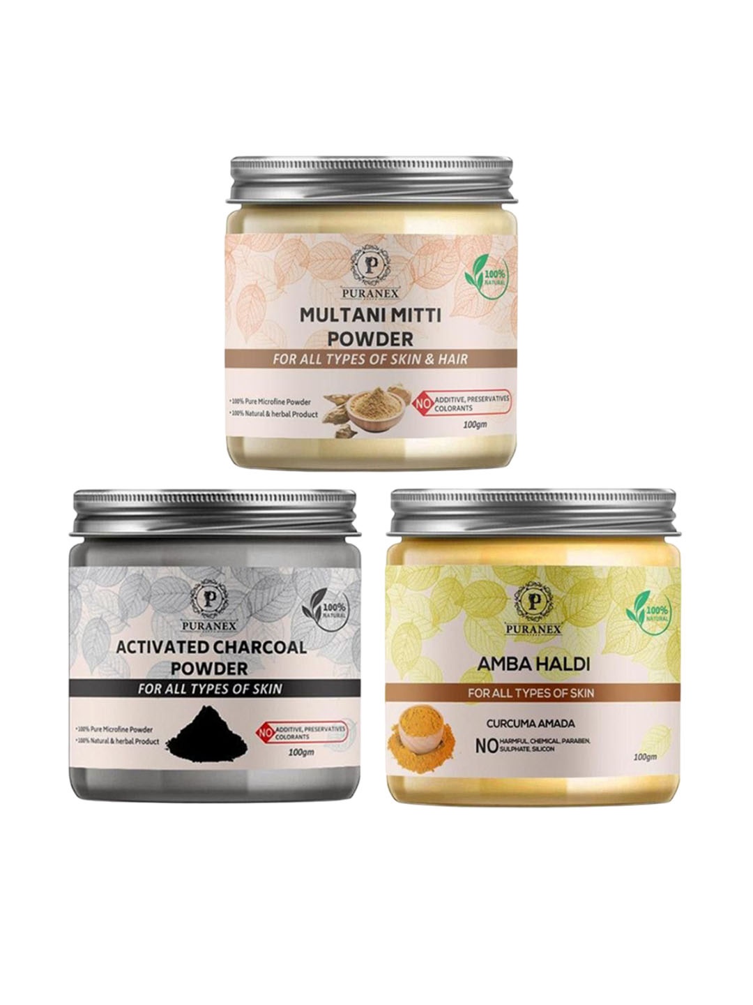 

Puranex Set Of 3 Multani Mitti, Activated Charcoal & Amba Haldi Powder Face Pack, White
