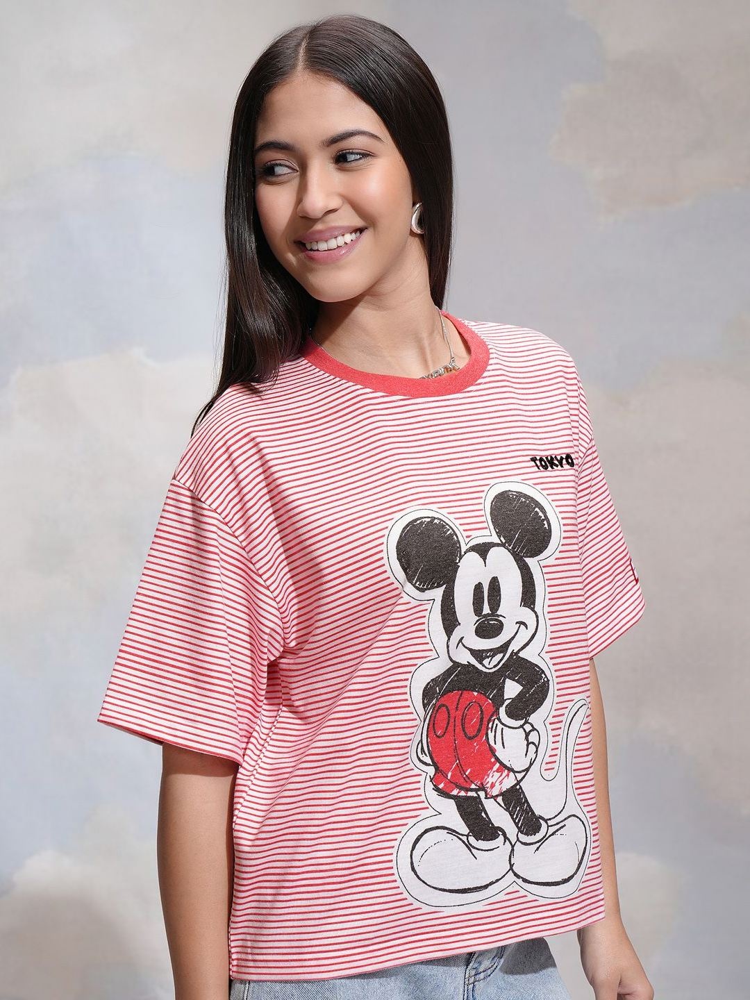 

Tokyo Talkies Disney Mickey Mouse Printed Women White Relaxed Fit Tshirt, Red