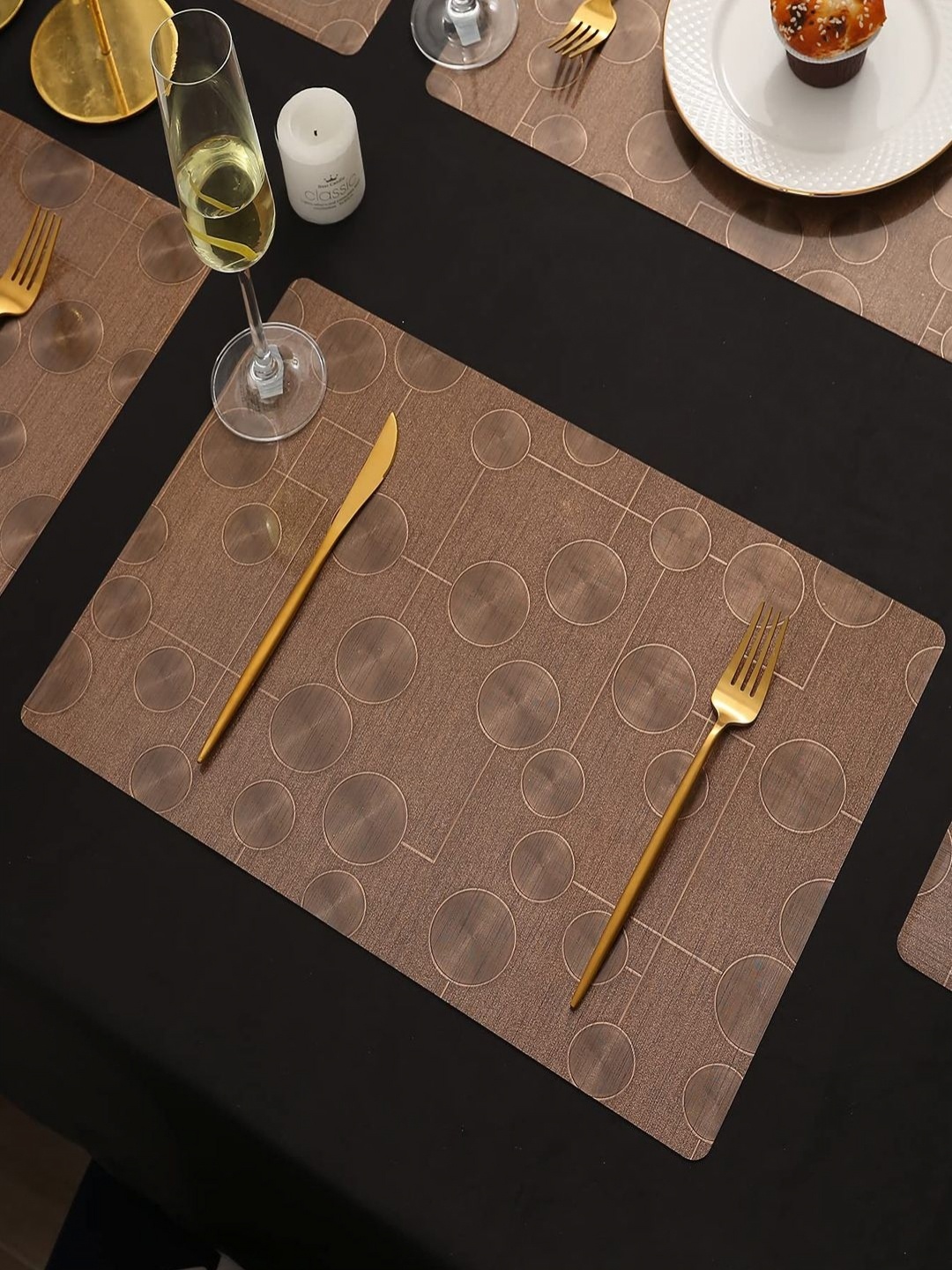 

HOKIPO Copper-Toned 6 Pieces Geometric Rectangle Shining Non Slip Dining Table Placemats