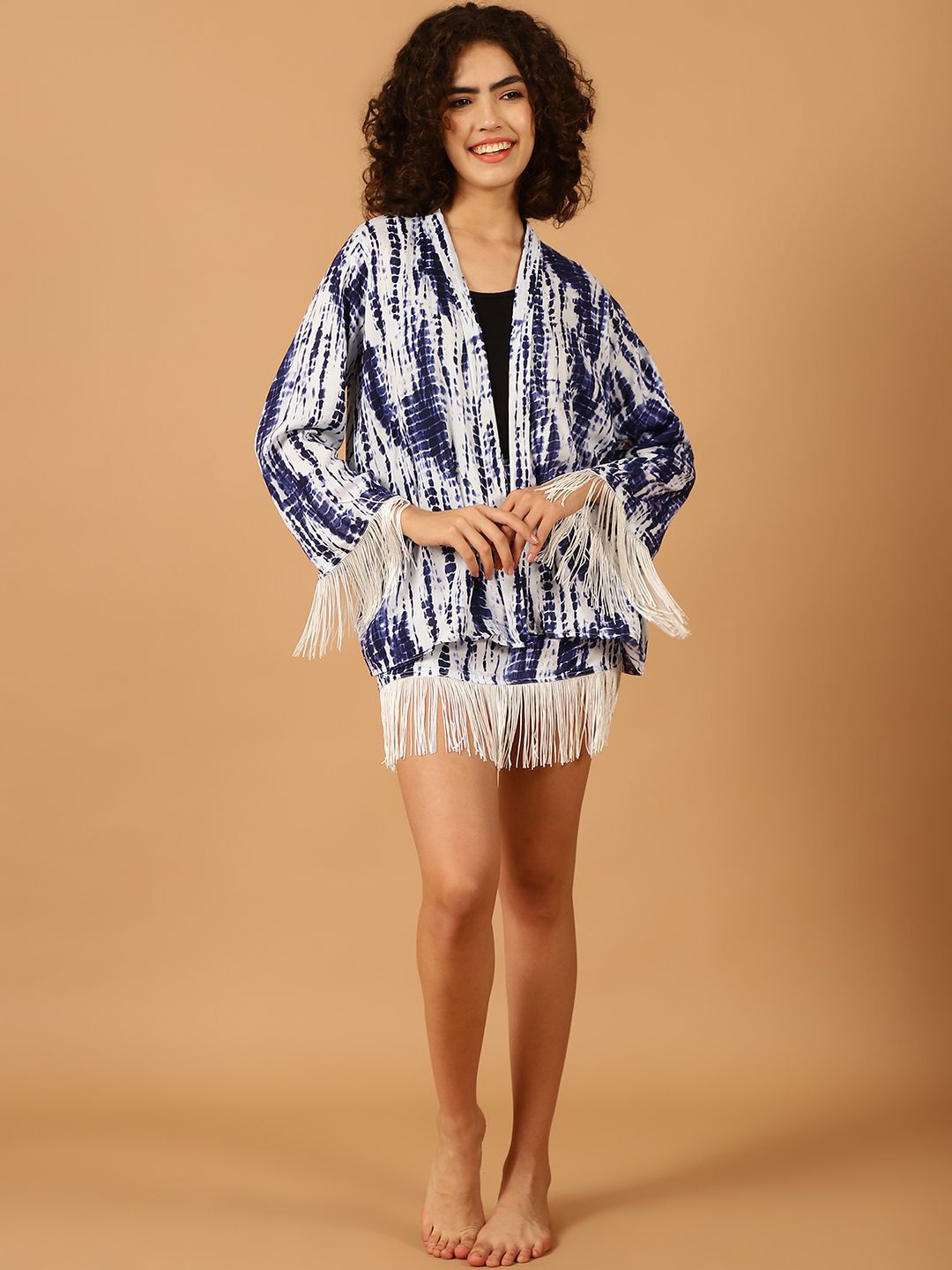 

Blissence Printed Fringed Robe & Skirt Cover Up Set, Blue