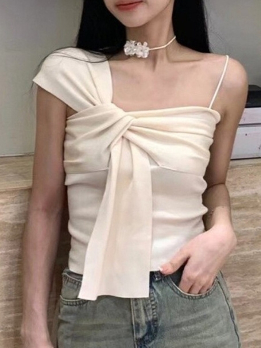 

KPOP Women One Shoulder Sleeveless Top, White