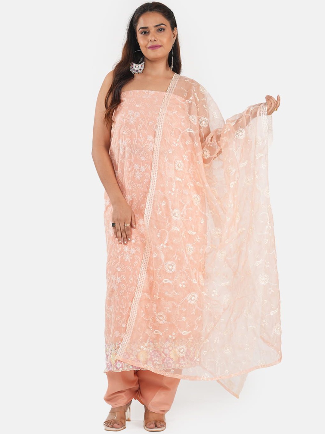 

MOZAFIA Floral Embroidered Sequinned Unstitched Dress Material, Peach