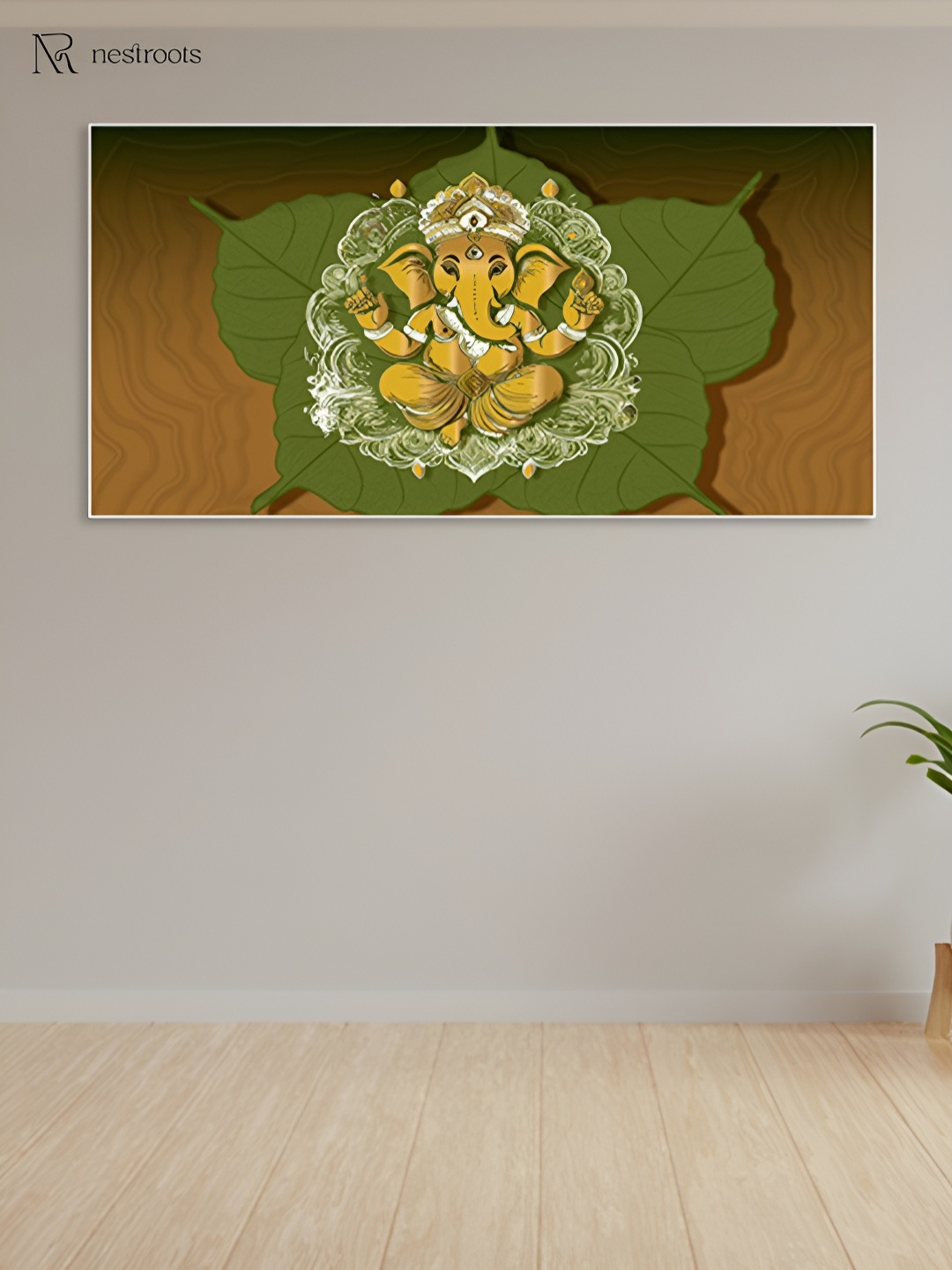 

nestroots Green & Yellow Lord Ganesha On Leaf Printed Religious Canvas Painting Wall Art