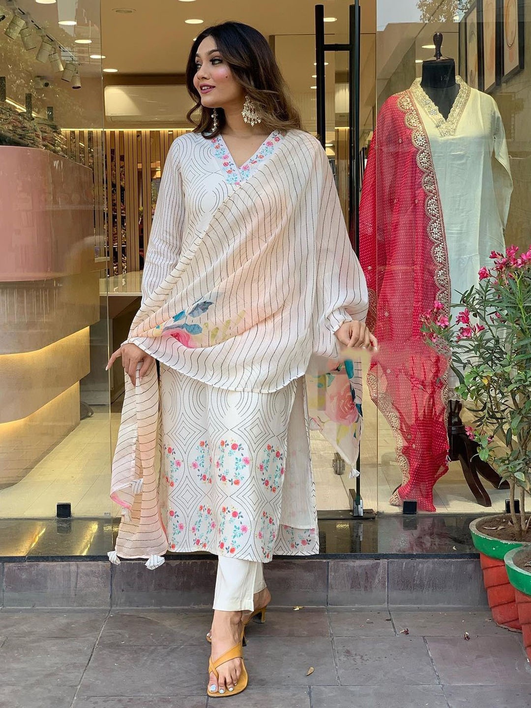 

KALINI Floral Embroidered Straight Thread Work Kurta with Trousers & Dupatta, White