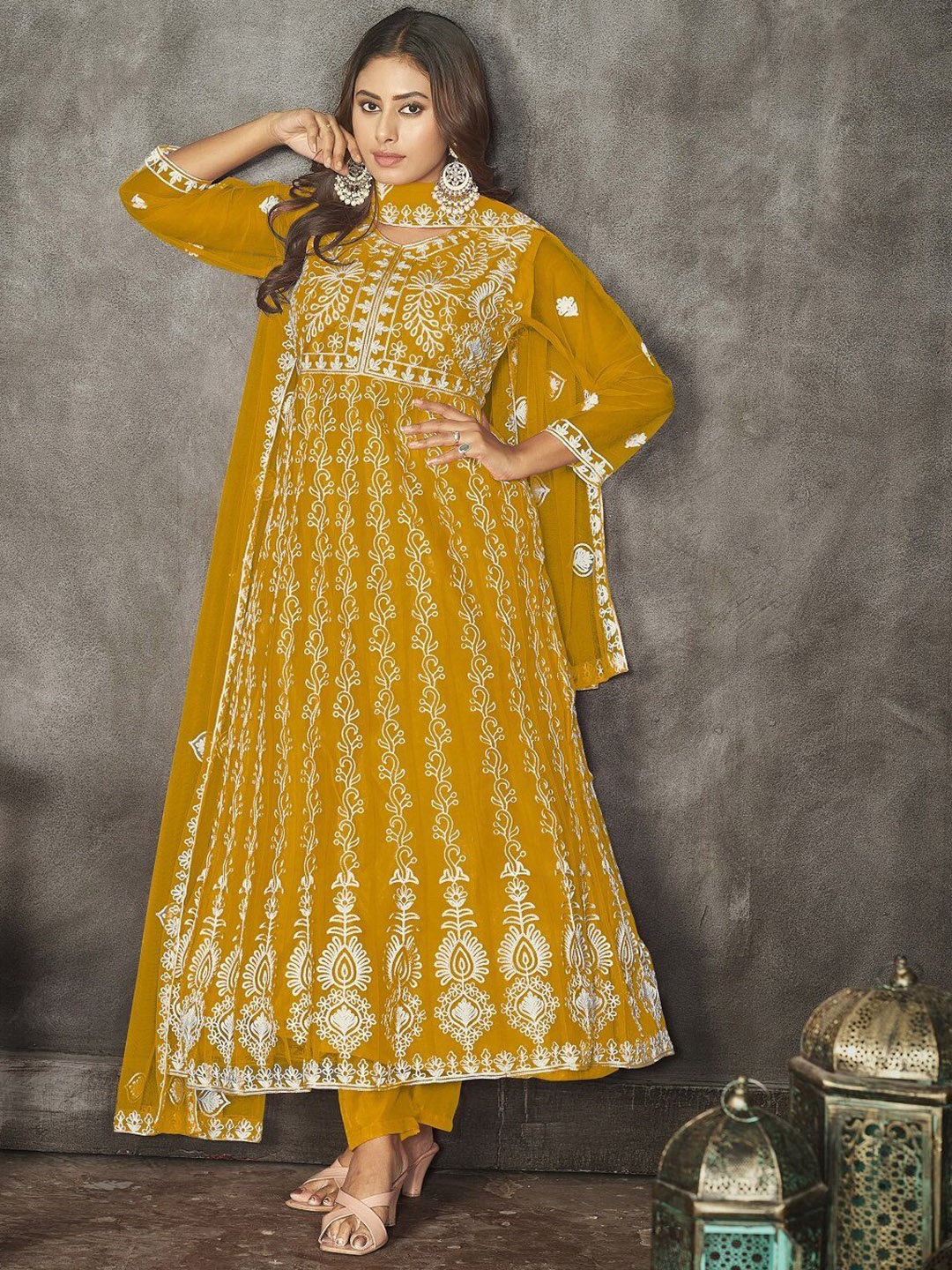 

Warthy Ent Floral Embroidered Semi-Stitched Dress Material, Mustard